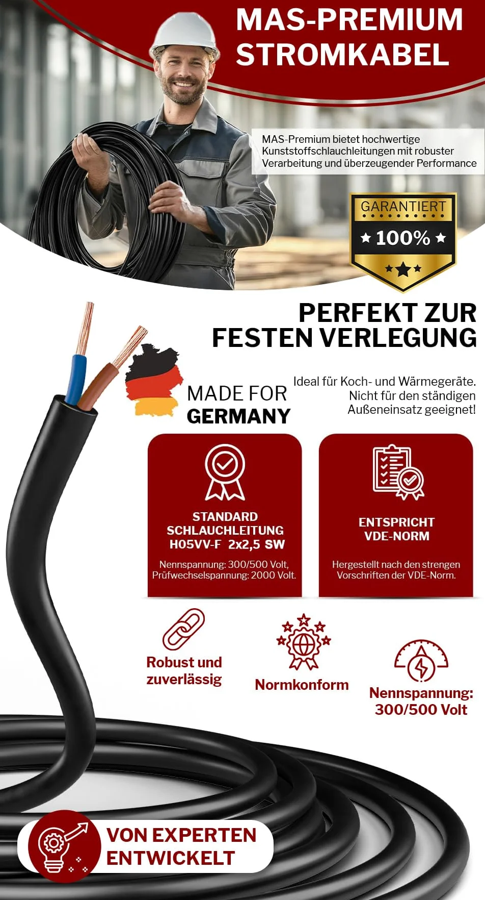 Przewód węża z tworzywa sztucznego od 5 do 100 m H05VV-F 2 x 0,75; 2 x 1; 2 x 1,5 lub 2 x 2,5 czarny, elastyczny kabel przewodowy, kabel do urządzeń (H05VV-F 2 x 2,5 SW, 50 m)