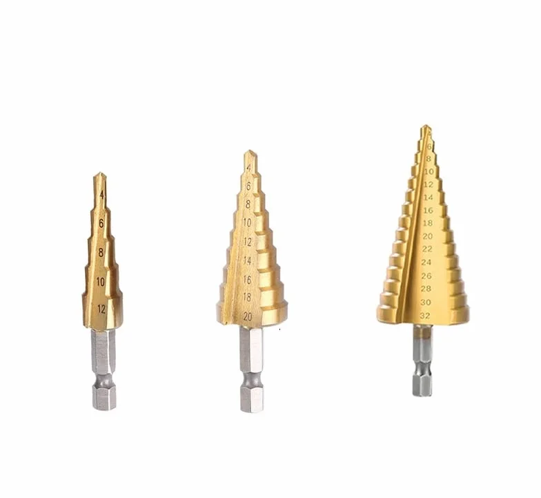 1/3 SZTUK 4-20 mm 4-12 mm 4-32 mm Ostrzałka do wierteł stopniowych Zestaw wierteł do metalu Etap Wielofunkcyjne wiercenie stopniowe Stożkowy Obróbka drewna (Rozmiar: Złoto 3 szt.) (Złoto 3 szt.)