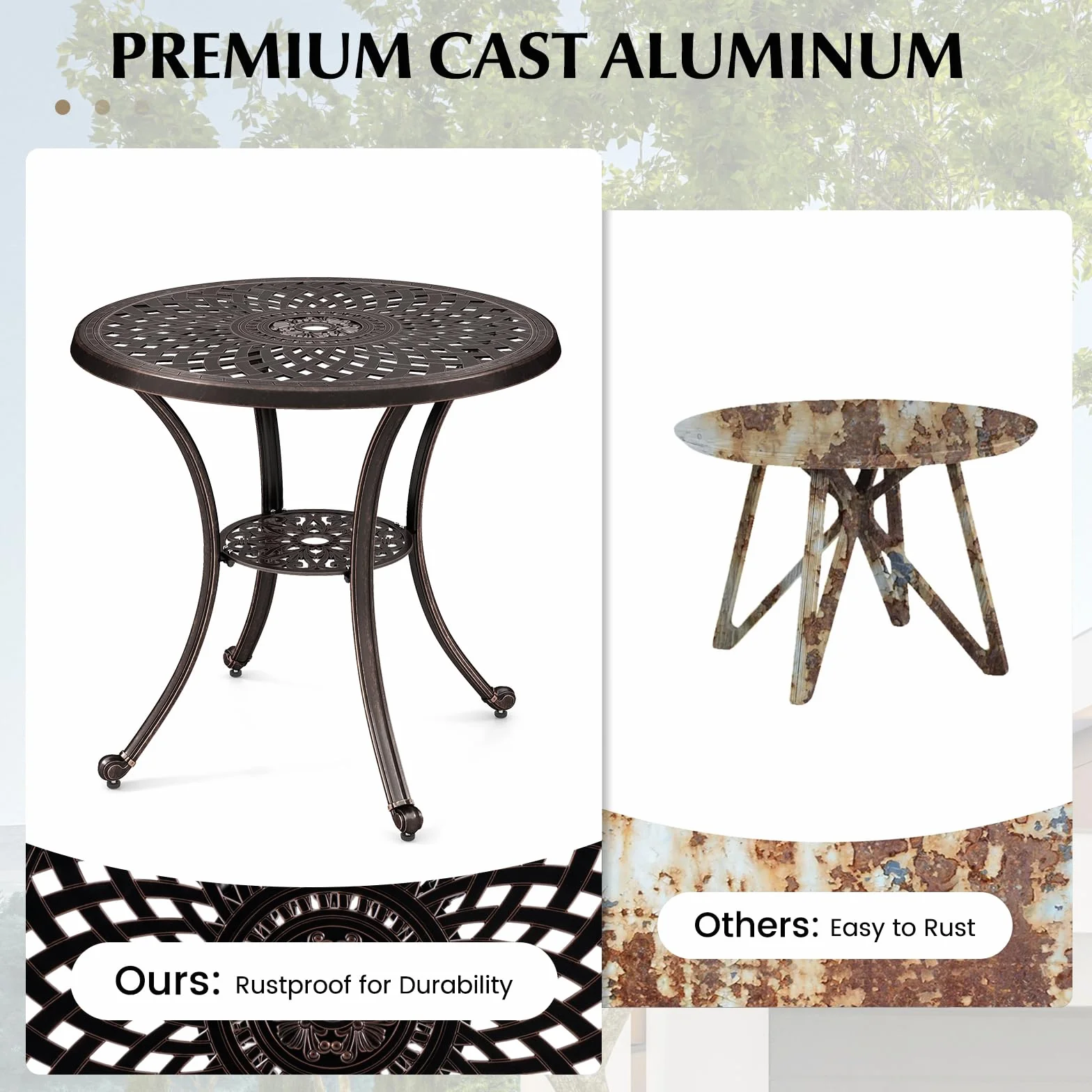 GIANTEX Okrągły stół ogrodowy, Ø 79 cm, stół bistro z otworem na parasol o średnicy 5 cm i dolną półką, stół tarasowy z odlewu aluminium, odporny na warunki atmosferyczne, stolik kawowy, do ogrodu