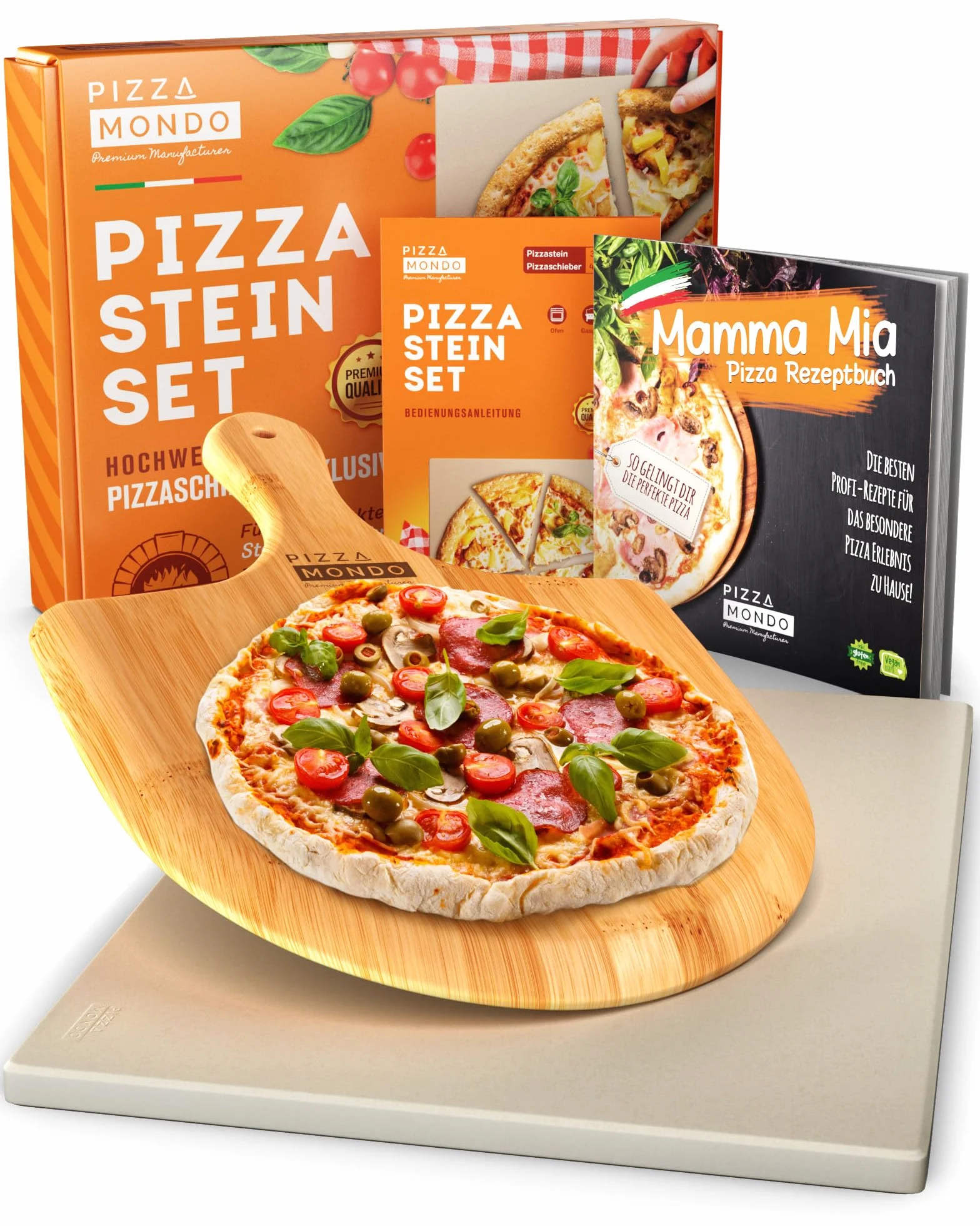 Pizza Mondo® kamień do pizzy do piekarnika, grilla i grilla gazowego (w zestawie łopatka do pizzy i książka z przepisami), oryginalny piecyk do pizzy dzięki najlepszej jakości – kamień do pieczenia prostokątny 1,5 cm