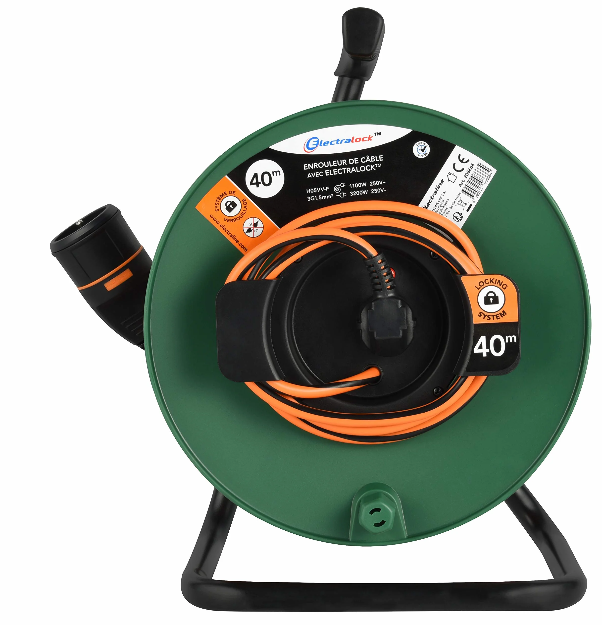 Electraline 208666 Przedłużacz ogrodowy z zwijaczem 40M 3G1.5mm Francuski Electralock wyposażony w system blokujący, który zapobiega rozłączeniu wtyczki, czarny/pomarańczowy