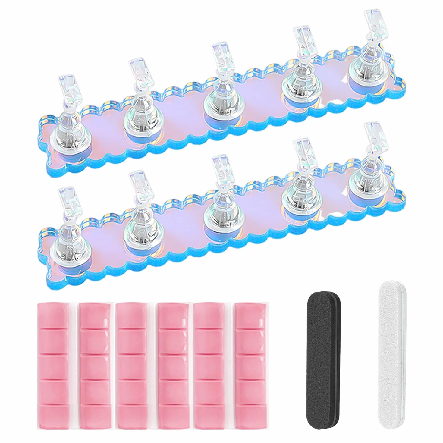 2 zestawy z 5 bazami do paznokci, 1 opakowanie gliny do manicure, 2 pilniki do paznokci, bazy do paznokci, uchwyty do manicure, bazy do ćwiczeń paznokci, zestaw narzędzi do paznokci