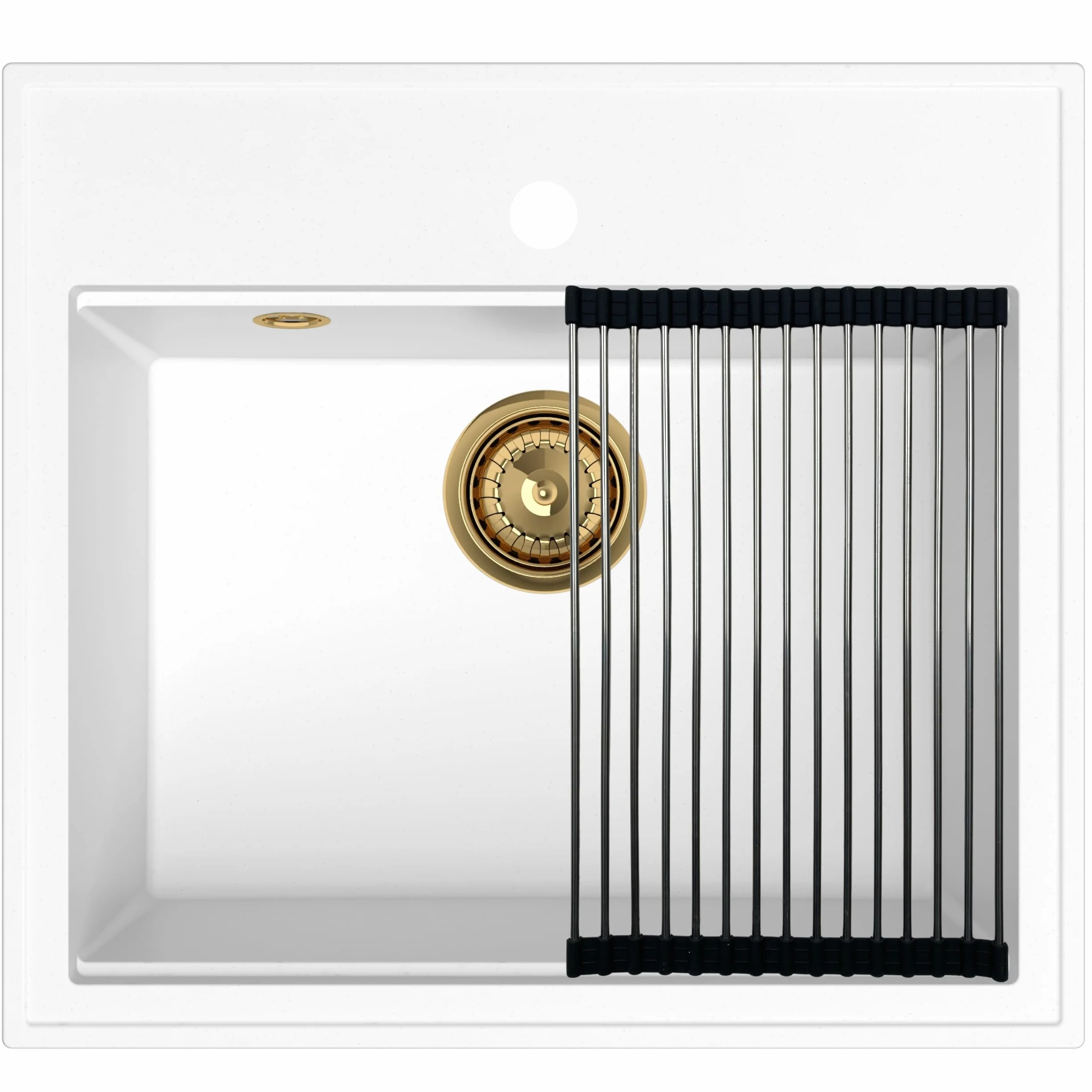 SINK QUALITY zlewozmywak granitowy biały 56 x 51 cm – zlewozmywak granitowy ze złotym syfonem i impregnacją – zlewozmywak do szafek od 60 cm szerokości – pojedynczy zlew do zabudowy – umywalka do
