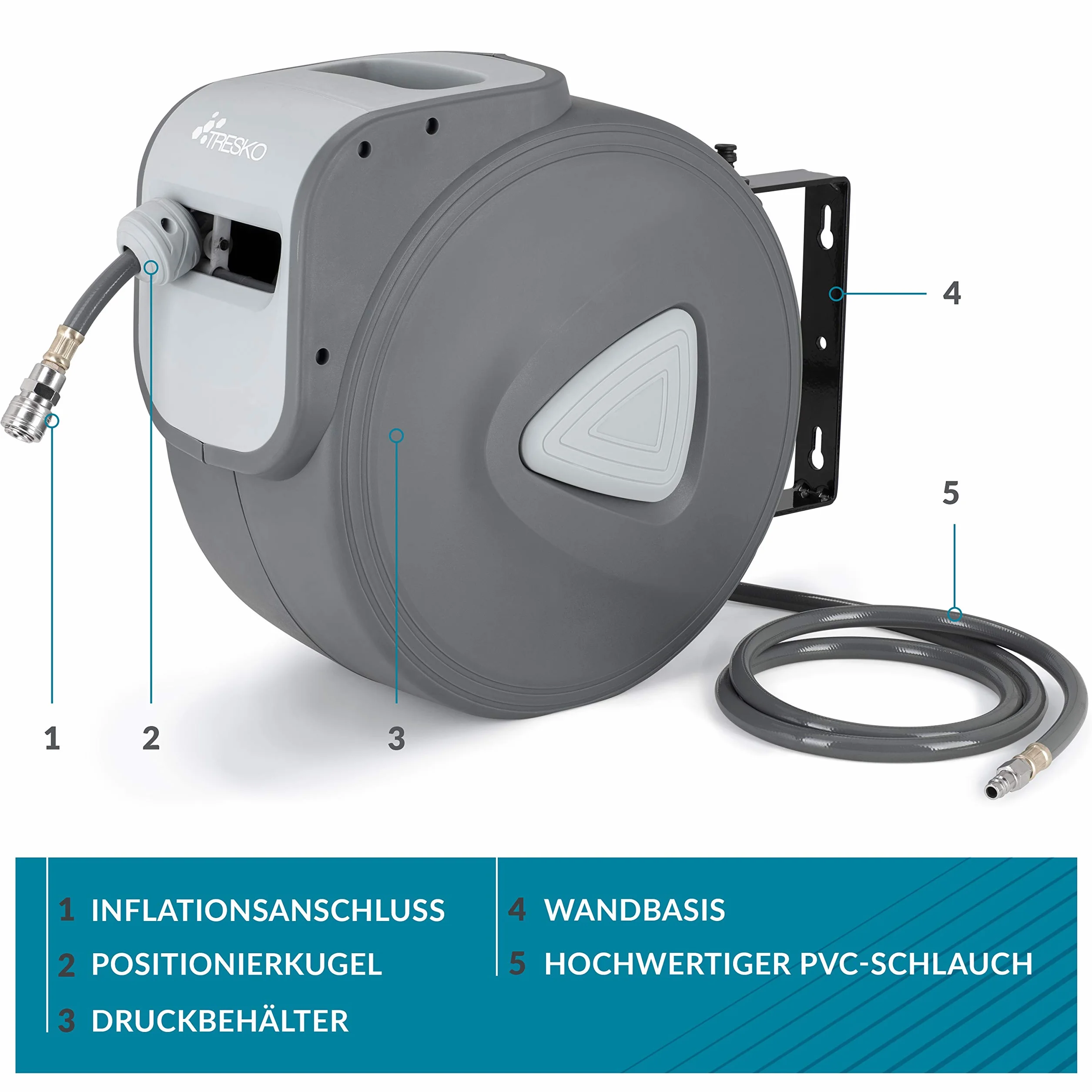 TRESKO Wąż sprężonego powietrza 30 m 1/4", automatyczne przyłącze, bęben
