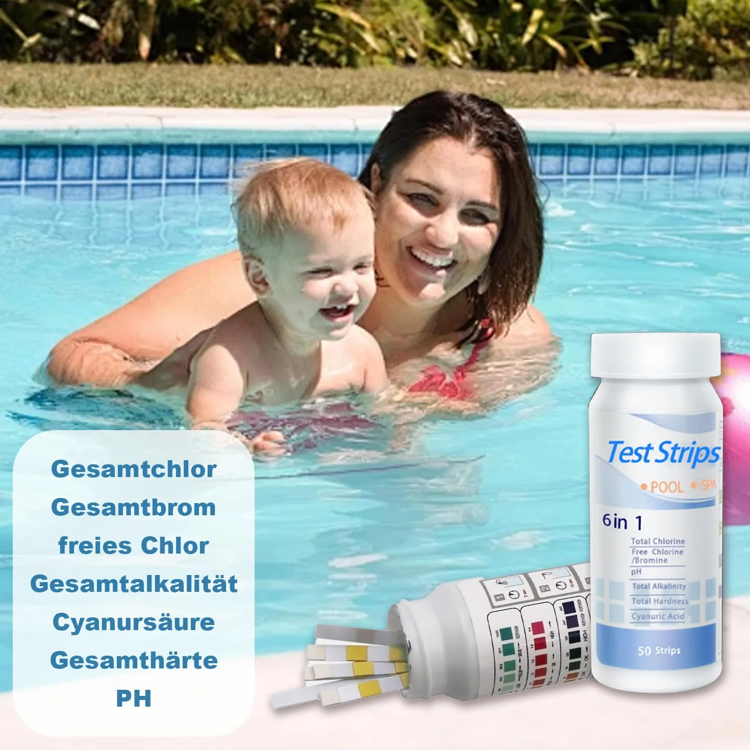 Onperpoe 100 sztuk 6 w 1, paski testowe pH i chloru, cyfrowe paski testowe wartości pH, tester wody, do akwarium, pomiar twardości wody, do testowania basenu, testowania kwasu cyjanurowego