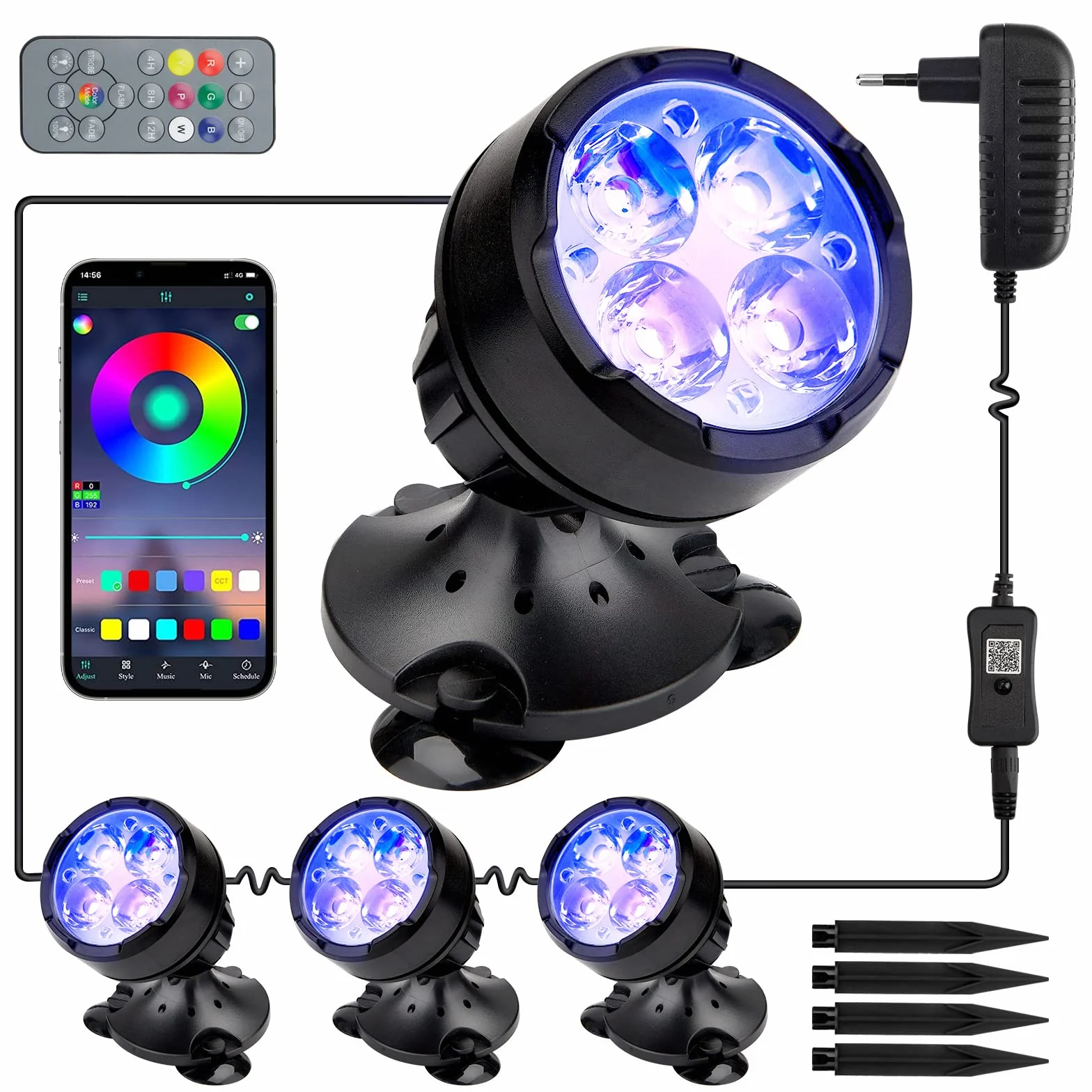Oświetlenie stawu, RGB oświetlenie stawu, reflektor podwodny kompatybilny z aplikacją (pasek duoCo Strip), oświetlenie stawu, wodoszczelność IP68, zmiana kolorów, oświetlenie ogrodowe do ogrodu,