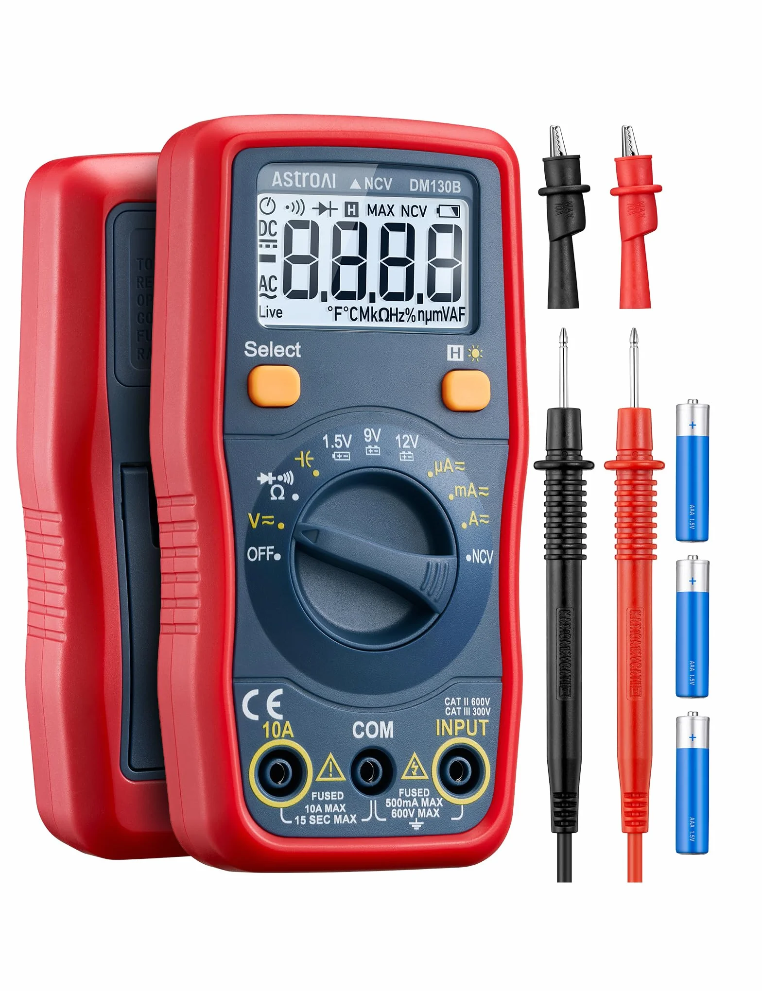 AstroAI Miernik cyfrowy, 4000 zliczeń, automatyczny tester, multitester, DMM, omomierz, woltomierz, 1,5 V, 9 V, 12 V, tester napięcia akumulatora z funkcją bezdotykową
