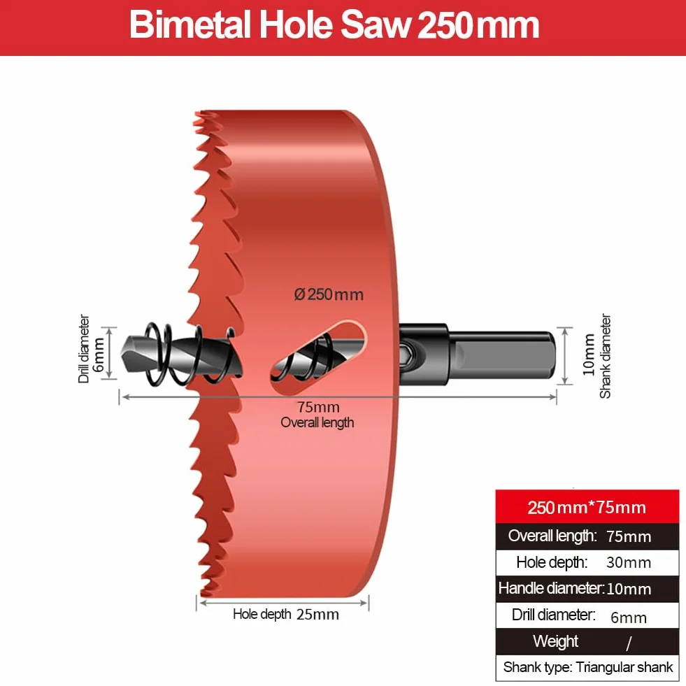 Otwornica 250 mm, uniwersalna stal szybkotnąca M42, bimetalowe otwornice z trzpieniem sześciokątnym i wiertłem do drewna, płyt gipsowo-kartonowych, PCW 250 mm