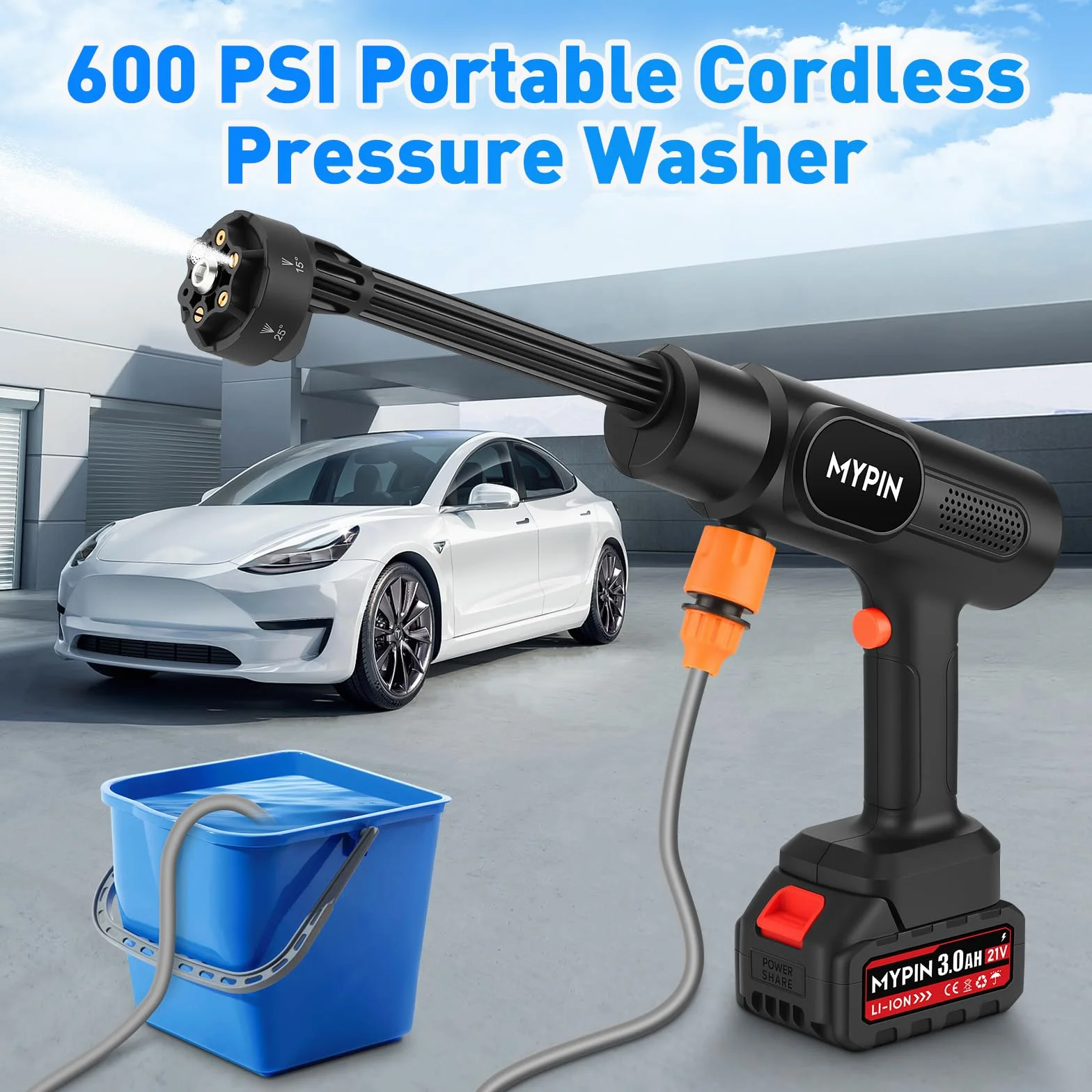 MYPIN Bezprzewodowy środek czyszczący, 600 PSI, 21 V, odkurzacz akumulatorowy z 2 akumulatorami, dysza 6 w 1 ze standardową dyszą do samochodu, podłogi, ściany, ogrodzenia