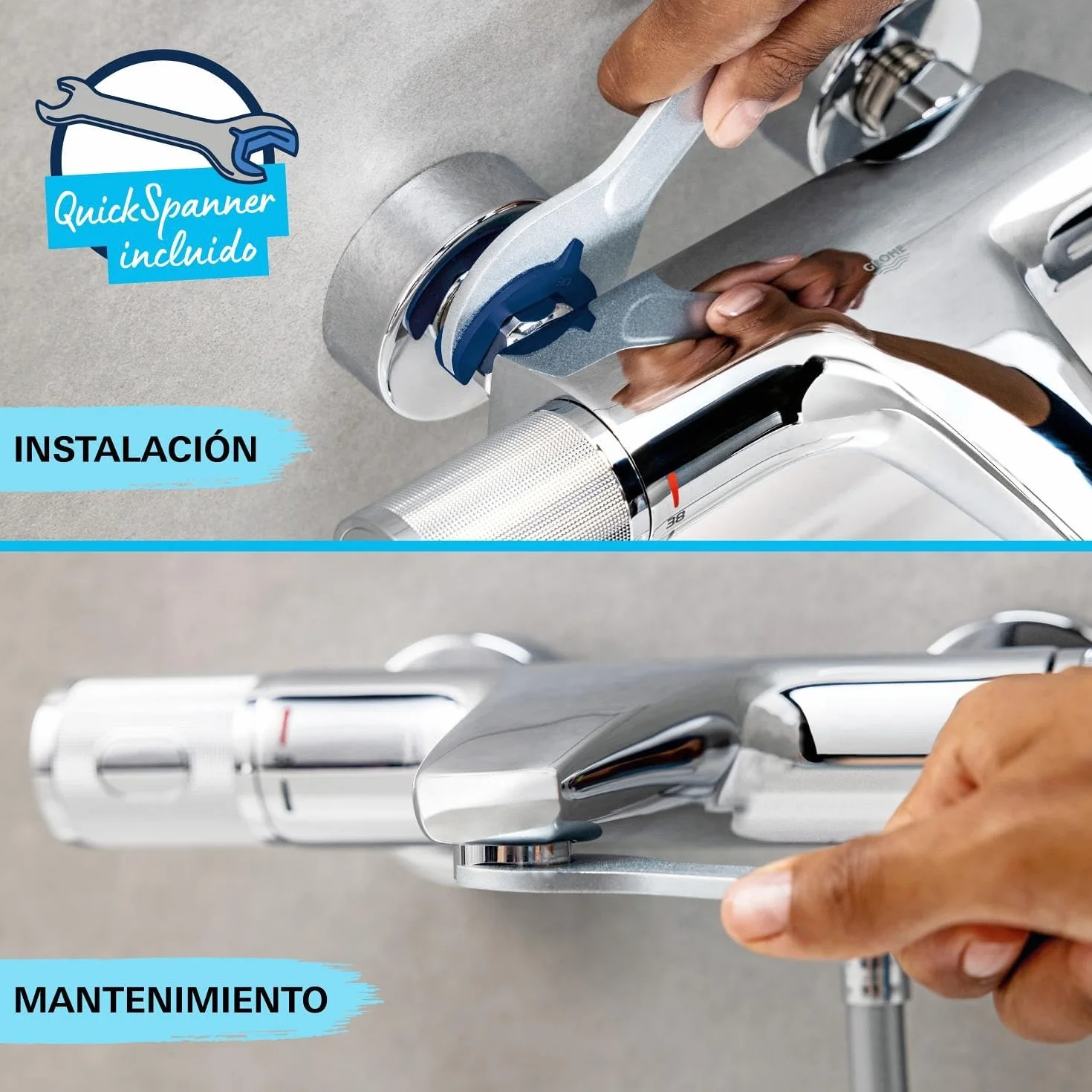 GROHE Swift 24335001 armatura wannowa (z ogranicznikiem temperatury, z narzędziem montażowym, trwała powierzchnia), chrom,