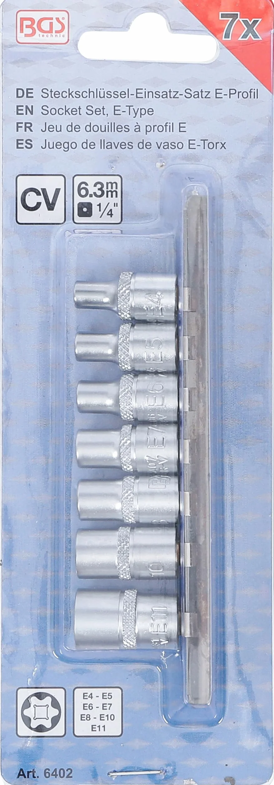 BGS 6402 | Zestaw nasadek profil E | 6,3 mm (1/4") | E4 - E11 | 7 szt.