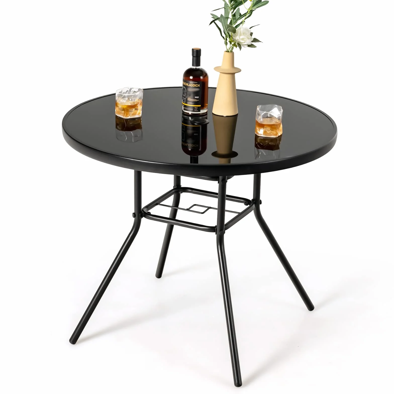 COSTWAY Stół ogrodowy z blatem z hartowanego szkła 86 x 86 x 71 cm, tarasowy z otworem na parasol, dla 4 osób, do jadalni na balkon, czarny