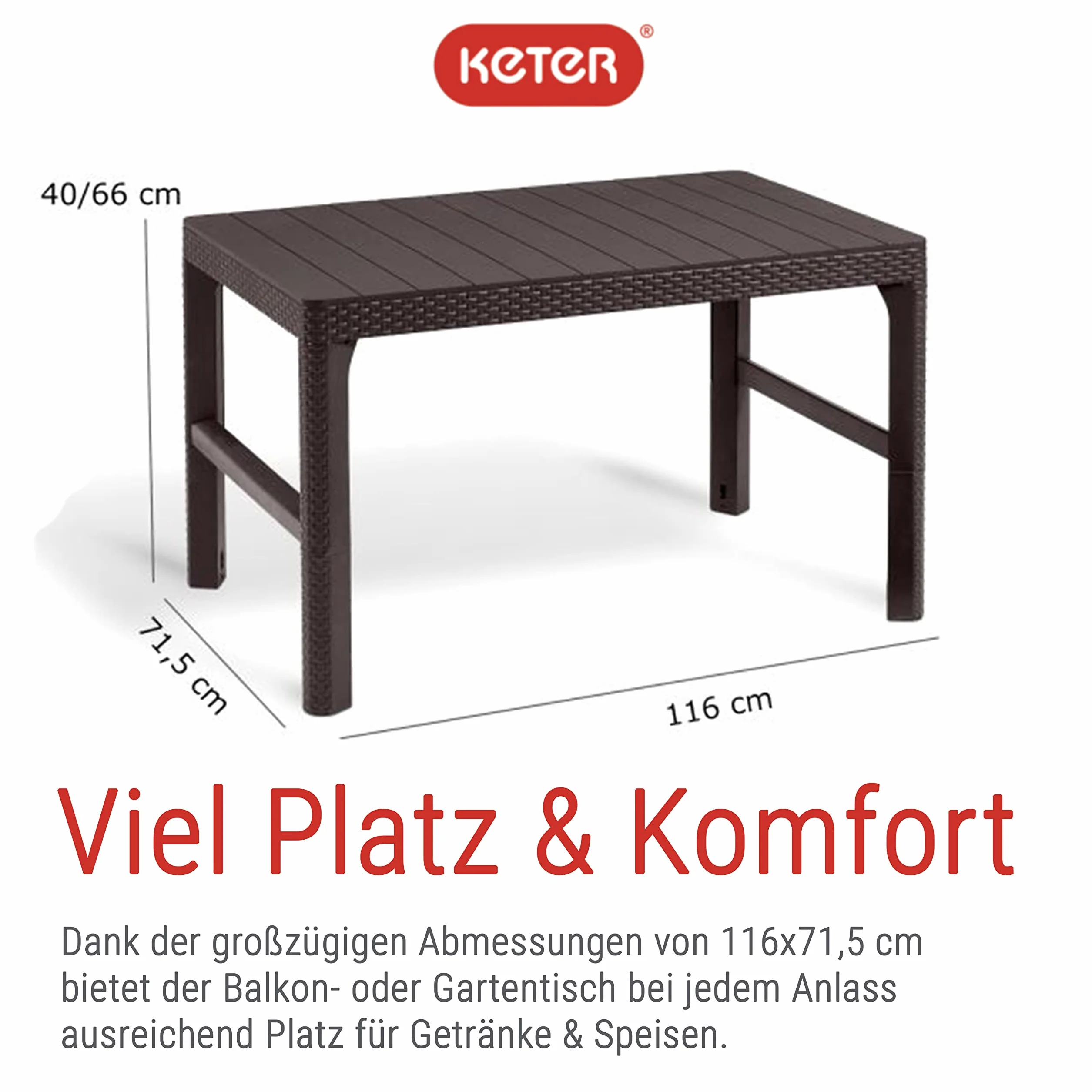 Keter - stylowy stół ogrodowy 2 w 1, odporny na warunki atmosferyczne, w kolorze brązowym, 116 x 71 cm, z regulacją wysokości, wytrzymały stół balkonowy, trwały i łatwy w pielęgnacji