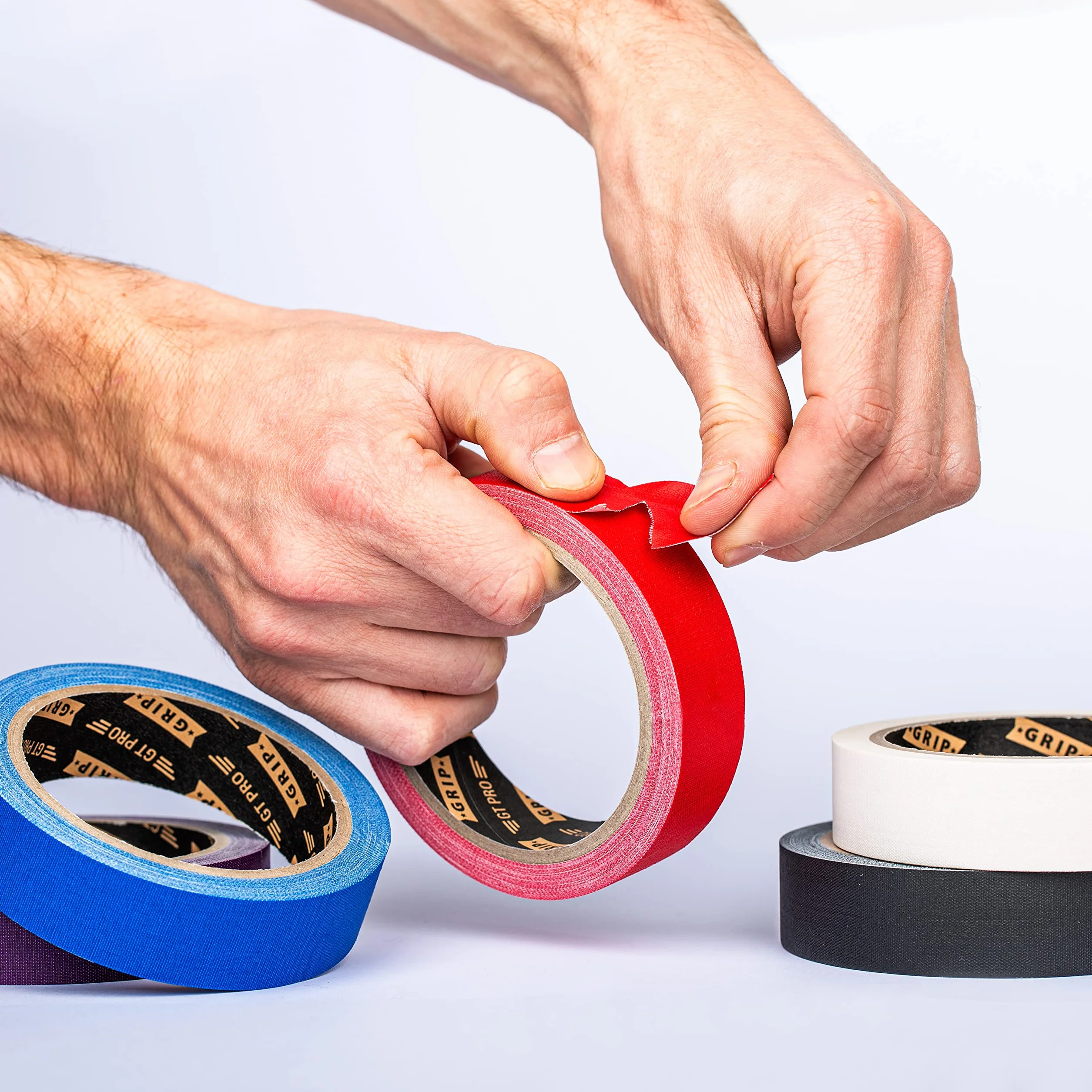 GRIP Eventbasics GT PRO Zestaw 5 kolorowych pasków do Hula Hoop Tape 25 mm x 10 m, Gaffa Tape czarny, biały, fioletowy, czerwony i niebieski