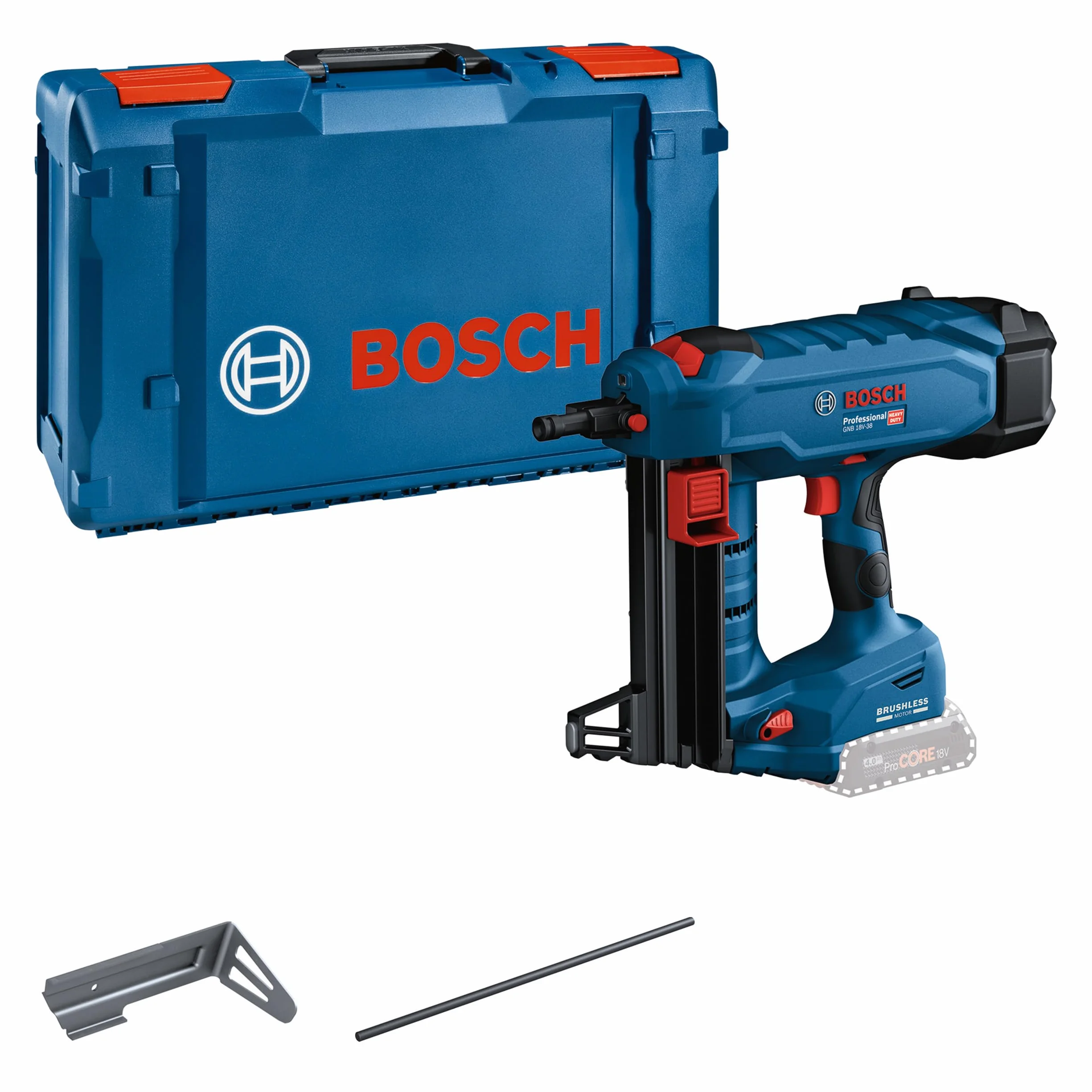 Bosch Professional system 18V: akumulatorowa gwoździarka do betonu GNB 18V-38 (średnice gwoździ 2,7-3,0 mm, długość gwoździ maks. 38 mm, z 1 wrzecionem wyciągowym, 1 hak mocujący, walizka XL-BOXX)