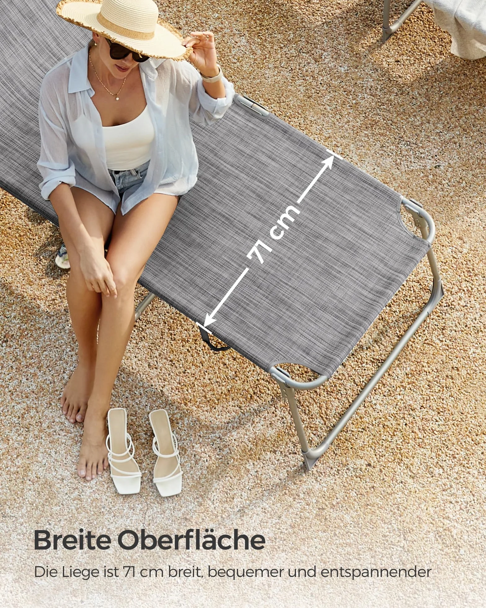 SONGMICS Duży leżak do opalania, składany leżak 71 x 200 x 38 cm, obciążenie 150 kg, z ochroną przed słońcem, zagłówkiem i regulowanym oparciem, do ogrodu, na basen, taras, Greige GCB022G01
