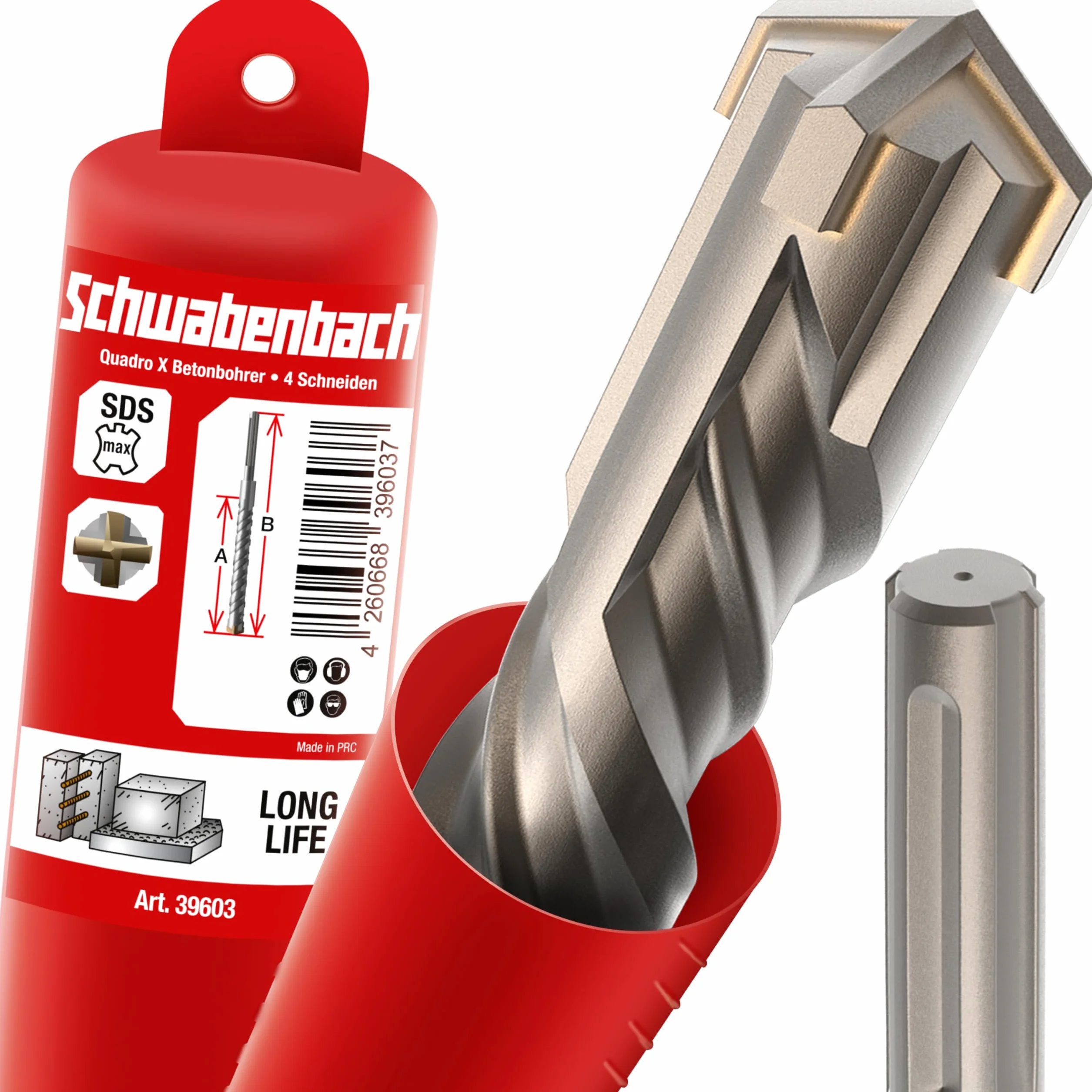 SCHWABENBACH ® SDS Max wiertło 40 mm x 480 x 600 – wiertło do betonu – precyzyjne i szybkie wiercenie w betonie – jakość premium z końcówką z twardego metalu – wiertło do kamienia długie – bez