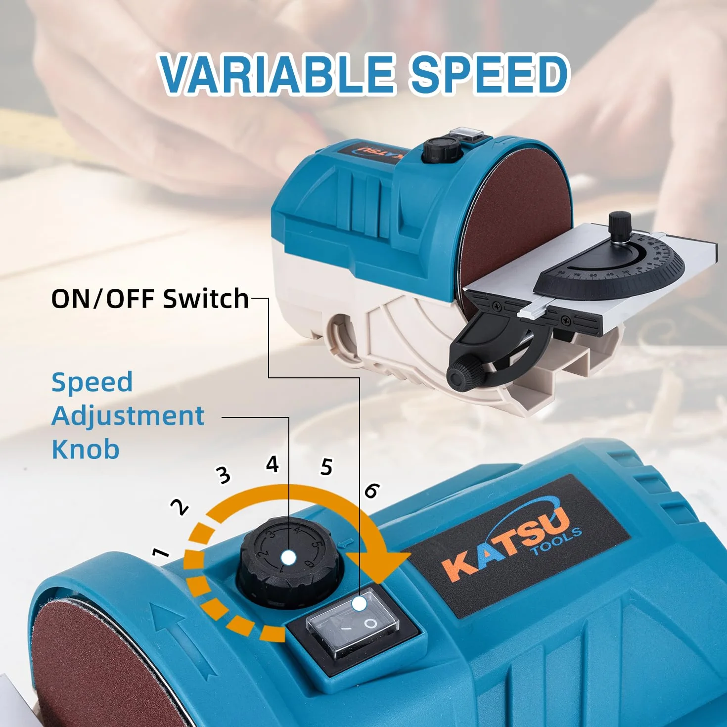 KATSU Tools Mini szlifierka tarczowa 140 W, 125 mm – elektryczna szlifierka / polerka do drewna, regulowana prędkość obrotowa, stół z aluminiowym stołem, w zestawie tarcze
