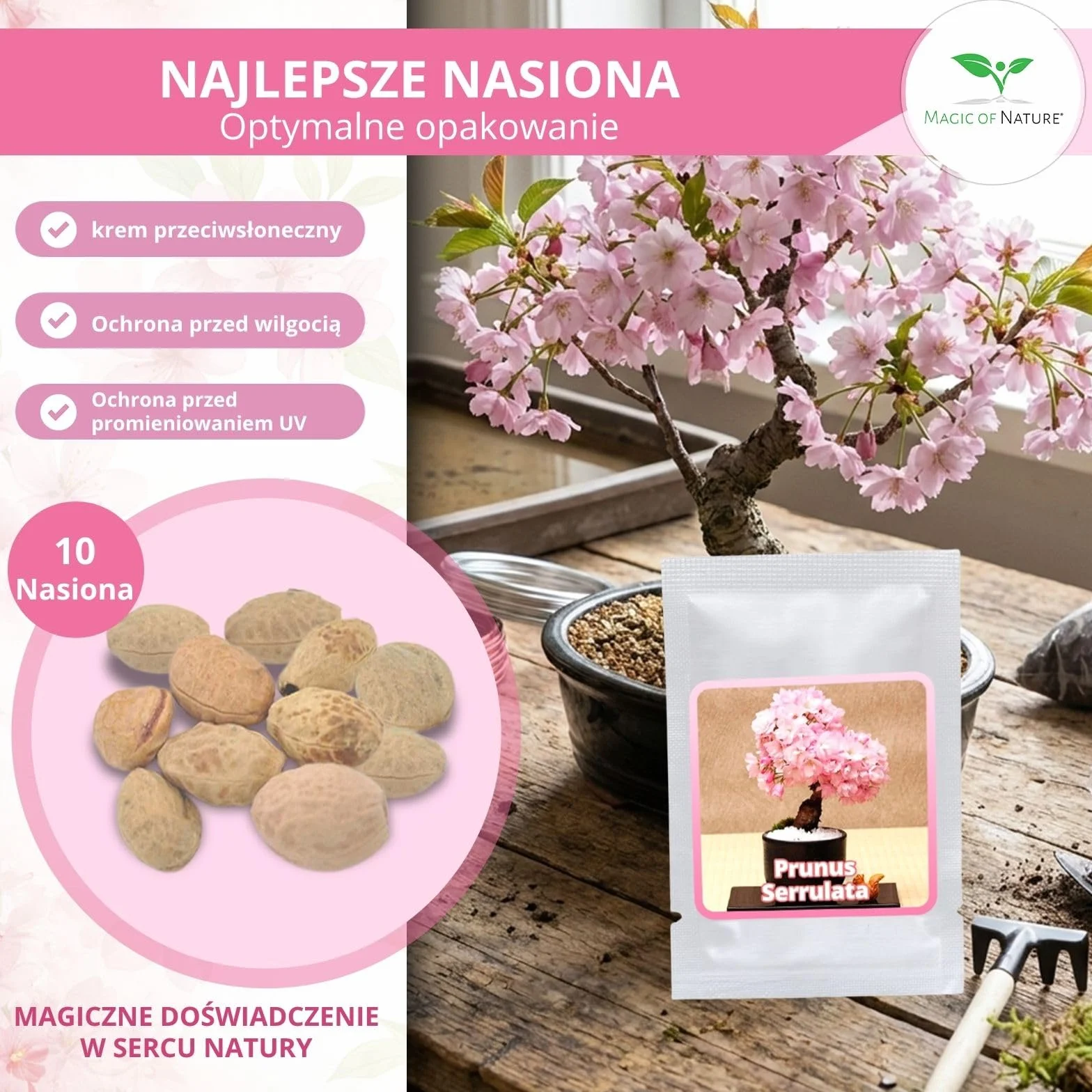 Magic of Nature Wiśnia Japońska 10 Szt - Nasiona Sakura Kwiaty - Drzewo Mrozoodporne Wieloletnie - Różowy Sen do Ogrodu i Bonsai