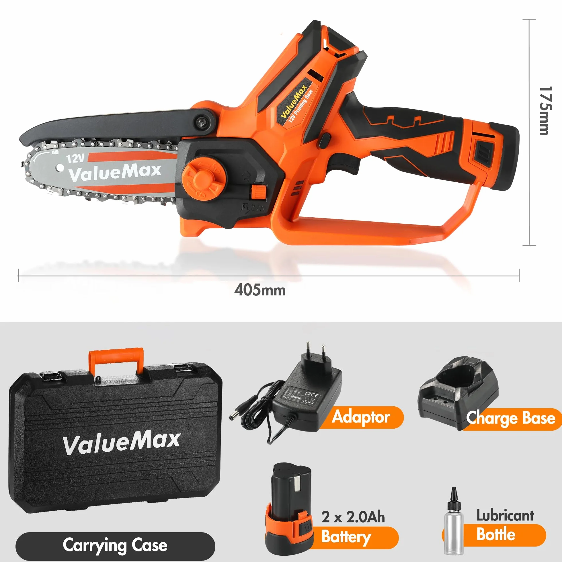 ValueMax Mini pilarka akumulatorowa 4 cale, przenośna bezprzewodowa elektryczna piła łańcuchowa 12 V i 2 x 2000 mAh baterie do cięcia drewna, gałęzi drzew, przycinania ogrodu
