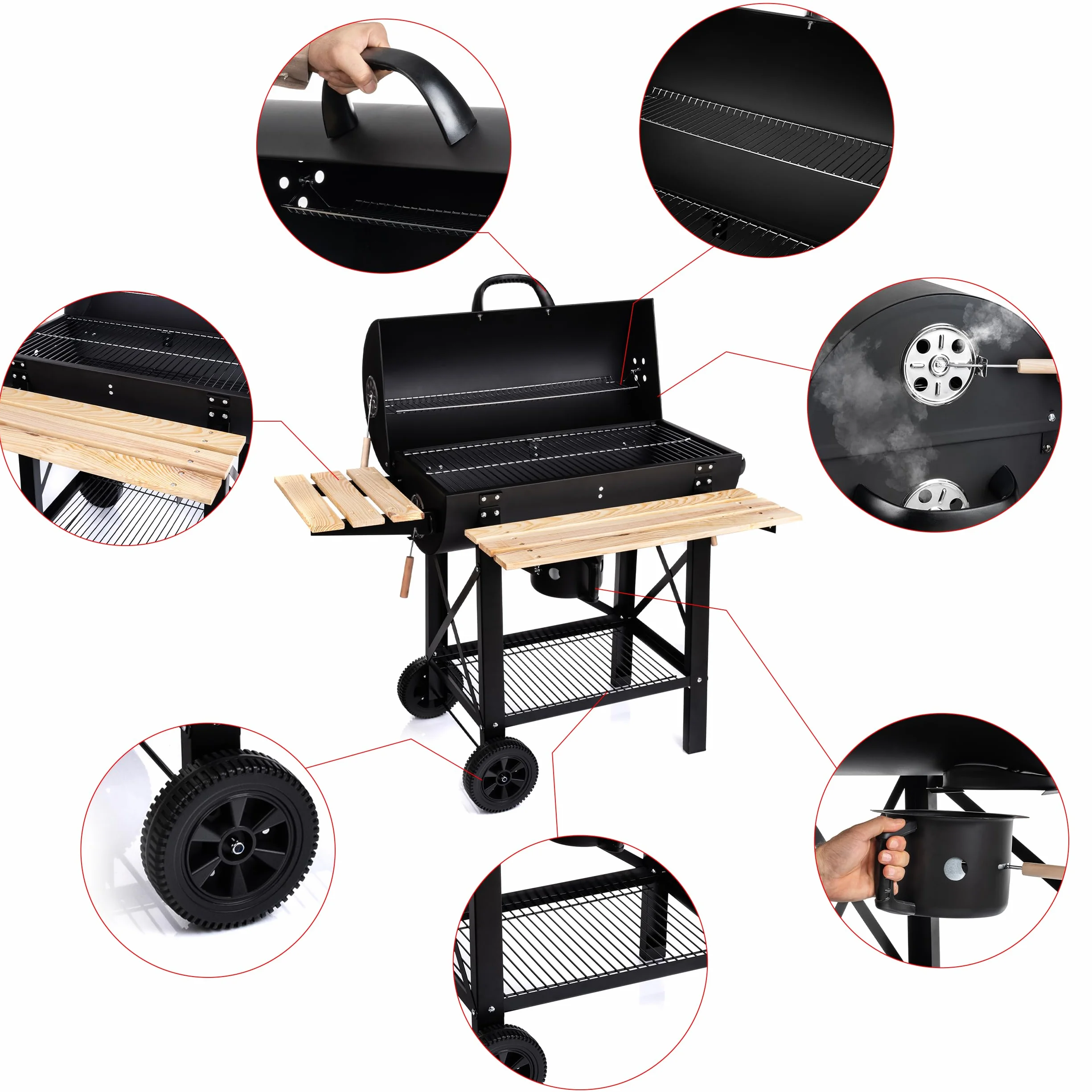 LEHMANN Grill węglowy z rusztem do gotowania, XL, z dwiema drewnianymi półkami, pokrywą, kółkami i nieogrzewanym uchwytem, grill węglowy do ogrodu, na taras, kemping