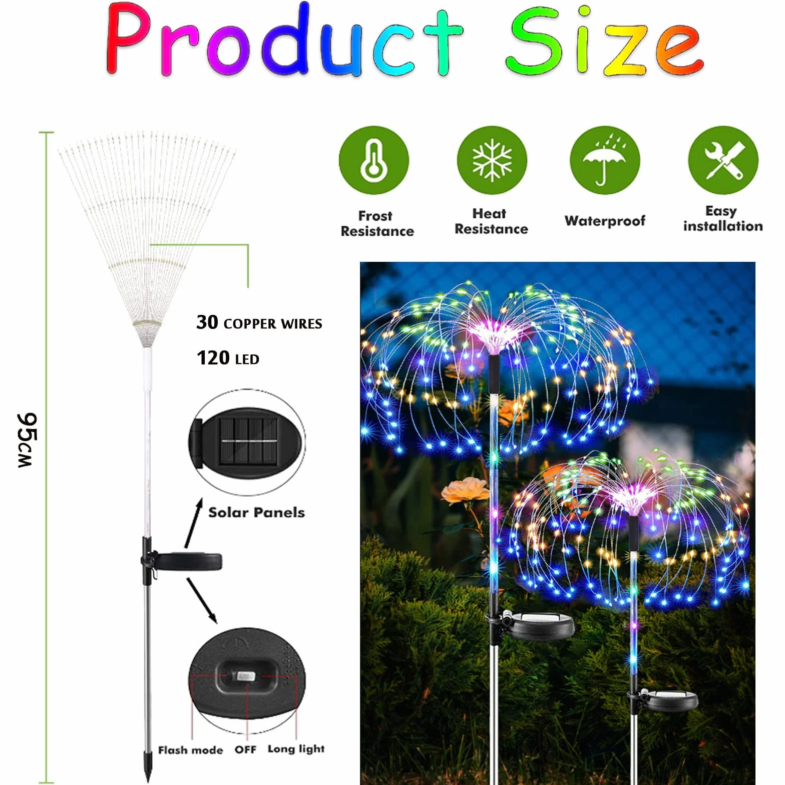 【2 sztuki】 120 diod LED Solarne fajerwerki świetlne, XRR Solarne światła na zewnątrz z migoczącymi kołkami, 2 tryby, ozdoby ogrodowe, światła kulowe typu Starburst do drzew, na taras, na wesele, na