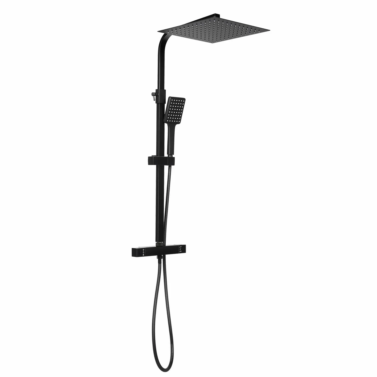 System prysznicowy z termostatem, czarny, deszczownica 30 x 30 cm, armatura prysznicowa ze słuchawką prysznicową, kolumna prysznicowa z regulacją wysokości, zestaw prysznicowy do łazienki, z wężem i
