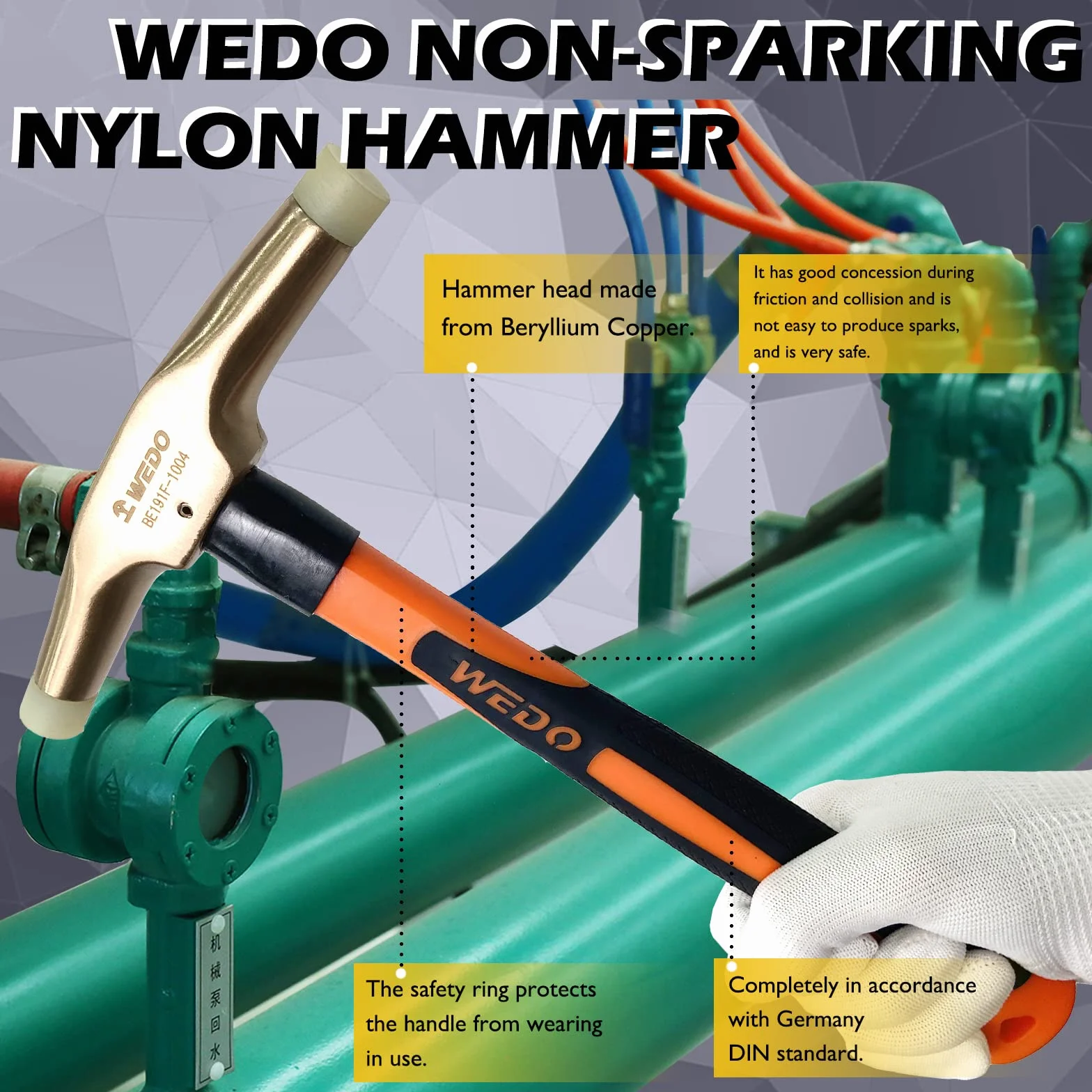 WEDO Młotek z nylonową końcówką, młotek nieparkingowy, miedź berylowa, głowa, 420 g, długość 280 mm, młotek tapicerski, uchwyt z włókna szklanego, certyfikat BAM