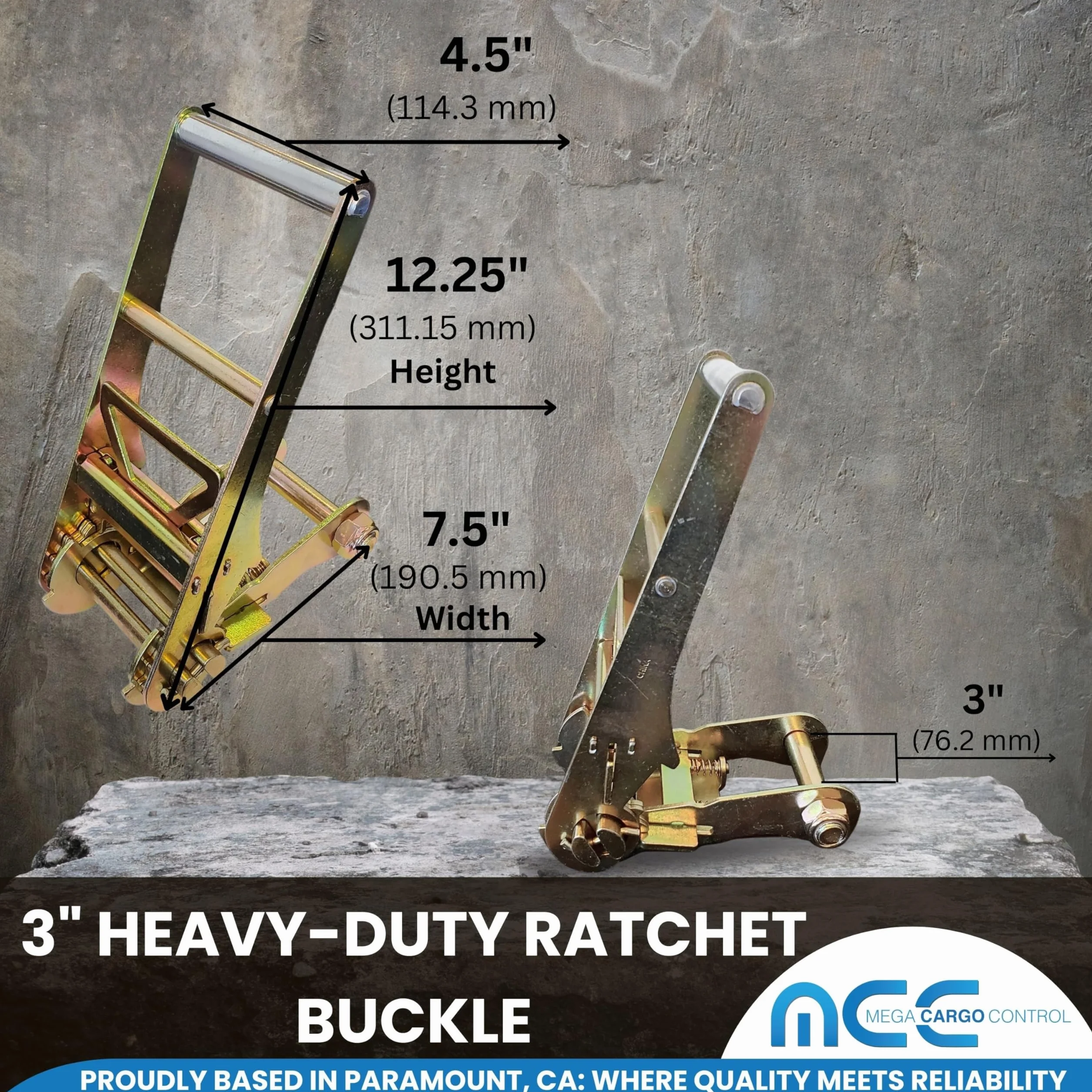 Mega Cargo Control Pasek mocujący z grzechotką 7,6 cm x 30' z przedłużkami łańcuchowymi i hakami widełkowymi do przyczepy, platformy i ciężarówki WLL: 2,4 kg (1 opakowanie)