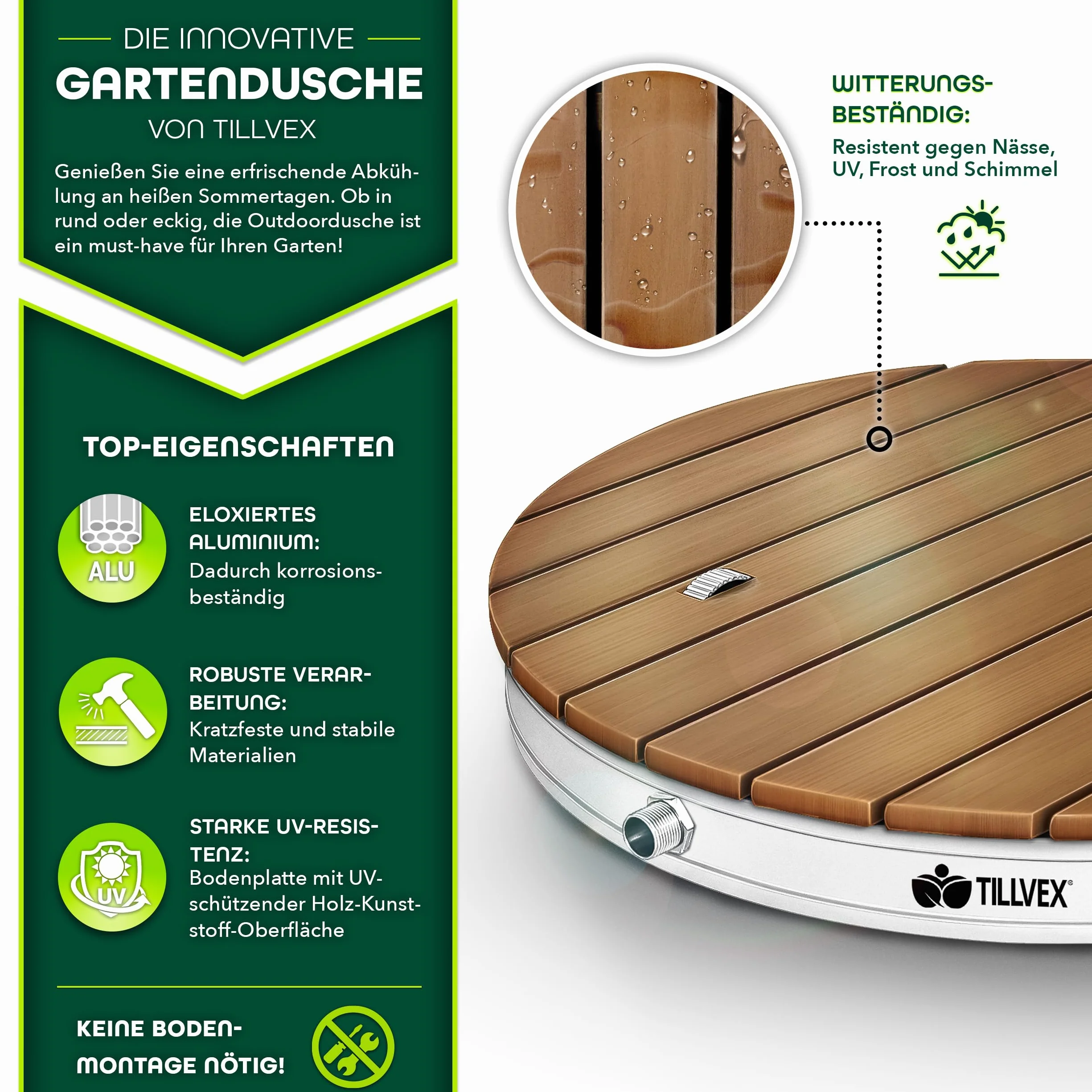 tillvex® Prysznic ogrodowy aluminiowy antypoślizgowy odporny na warunki atmosferyczne