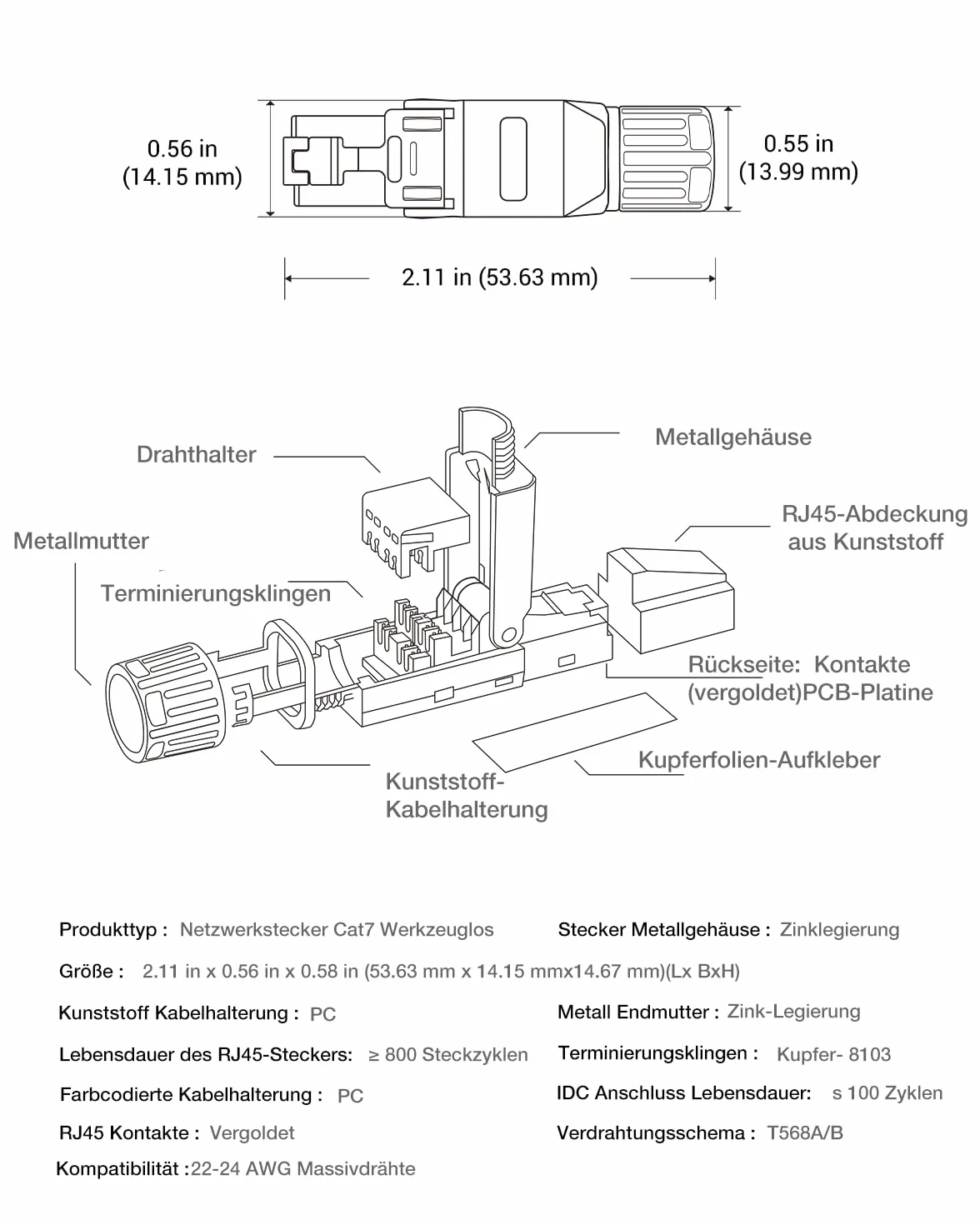 Wtyczka RJ45 bez narzędzi Cat7, 1 sztuka