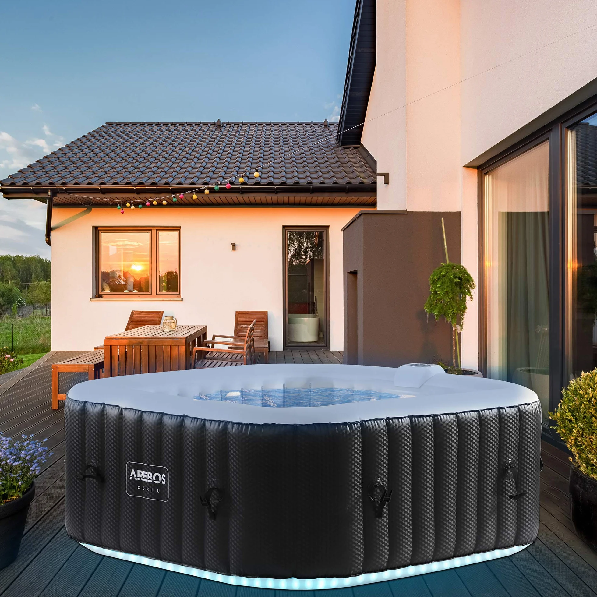 Arebos Nadmuchiwane spa z oświetleniem LED | Nadmuchiwane | do wnętrz i na zewnątrz | 154x154cm | 4 osoby | 130 dysz masujących | z ogrzewaniem | 600 litrów | z pokrywką | Spa i dobre samopoczucie