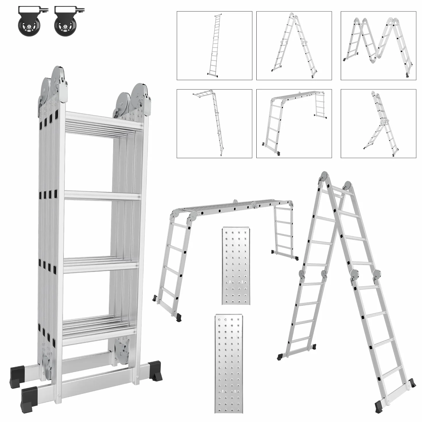 Drabina wielofunkcyjna, 4 x 4, 470 cm, aluminiowa drabina 7 w 1, wielofunkcyjna drabina składana, drabina domowa, drabina robocza, drabina wspinaczkowa, platforma robocza, wielofunkcyjna