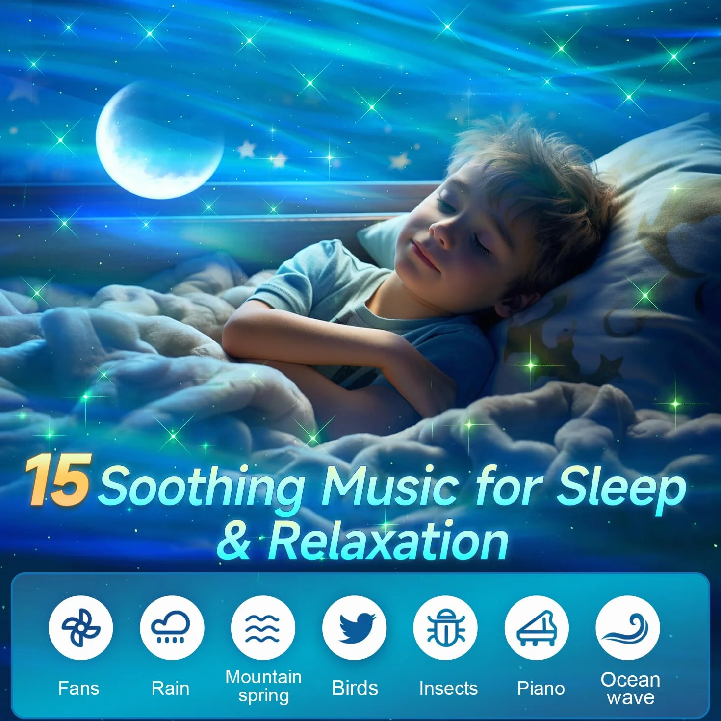 COOLNIGHT Projektor gwiaździste niebo do sypialni LED, lampka nocna dla dzieci z 15 kolorami + 5 księżycami, dekoracja sypialni Bluetooth z 15 białymi dźwiękami i pilotem, prezent na Dzień Matki