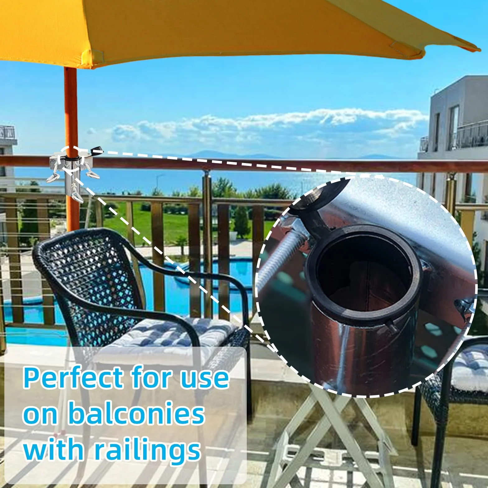 Uchwyt na parasol przeciwsłoneczny, regulowany uchwyt na parasol przeciwsłoneczny, regulowany uchwyt na parasol balkonowy, Ø 25-38 mm, stojak na parasole na balkon, taras lub stół, srebro