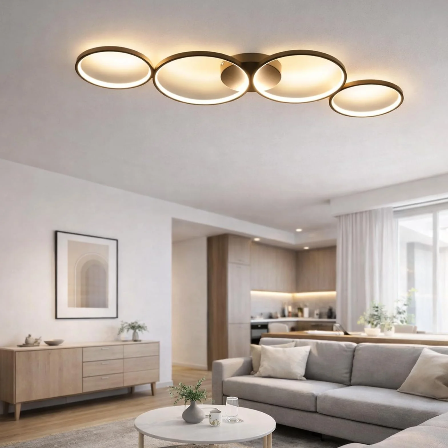 GBLY Lampa sufitowa LED nowoczesna 4 płomienie w optyce pierścieniowej | 3000k biała ciepła lampa sufitowa okrągła 37W wewnętrzna czarna lampa do salonu wykonana - salon przedpokój biuro gabinet