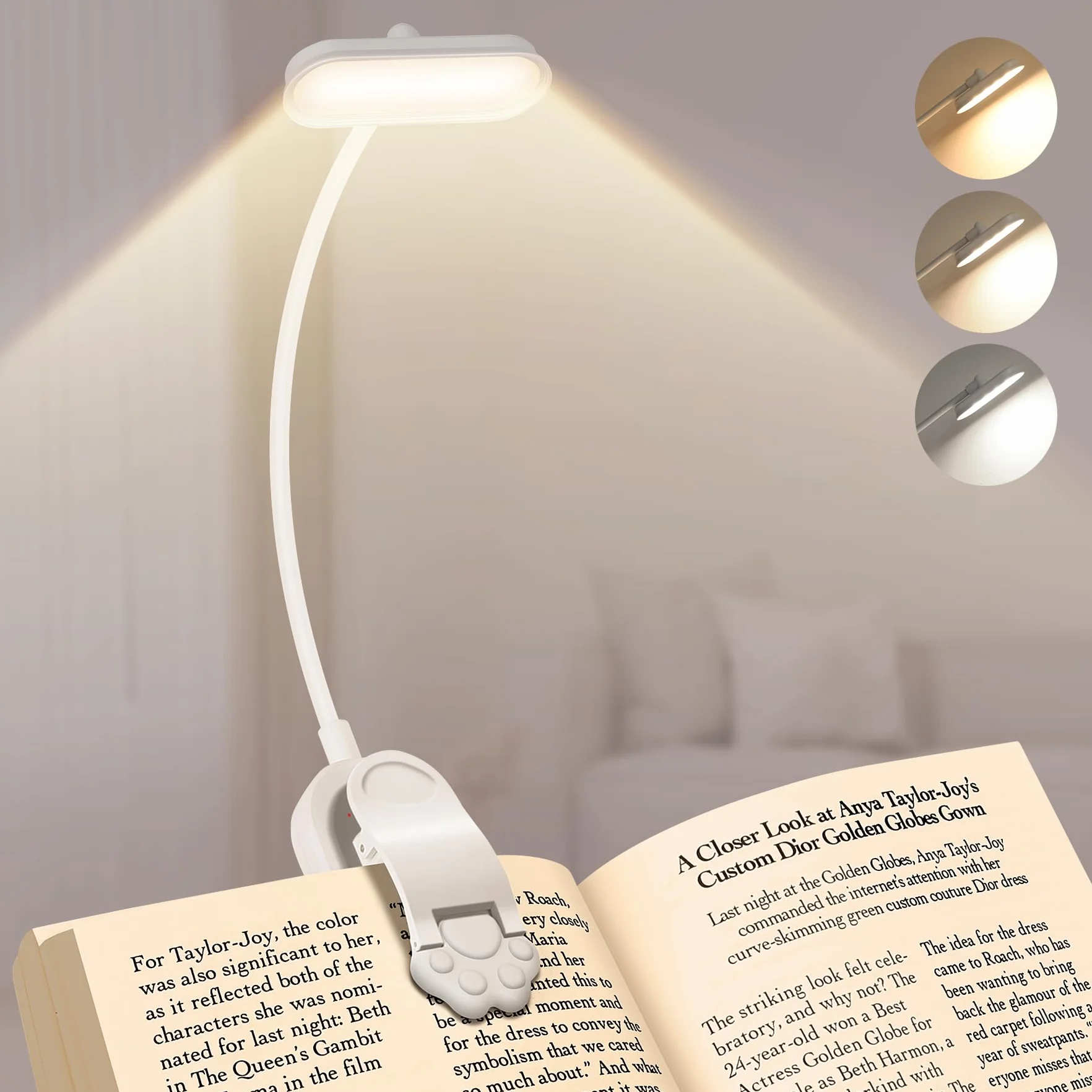 Bonsery Lampa do czytania książek, zacisk 360°, elastyczna, USB C, 16 diod LED, z bezstopniowym ściemnianiem i 3 dopasowaniem kolorów, lampka zaciskowa, lampka do czytania w nocy, biała