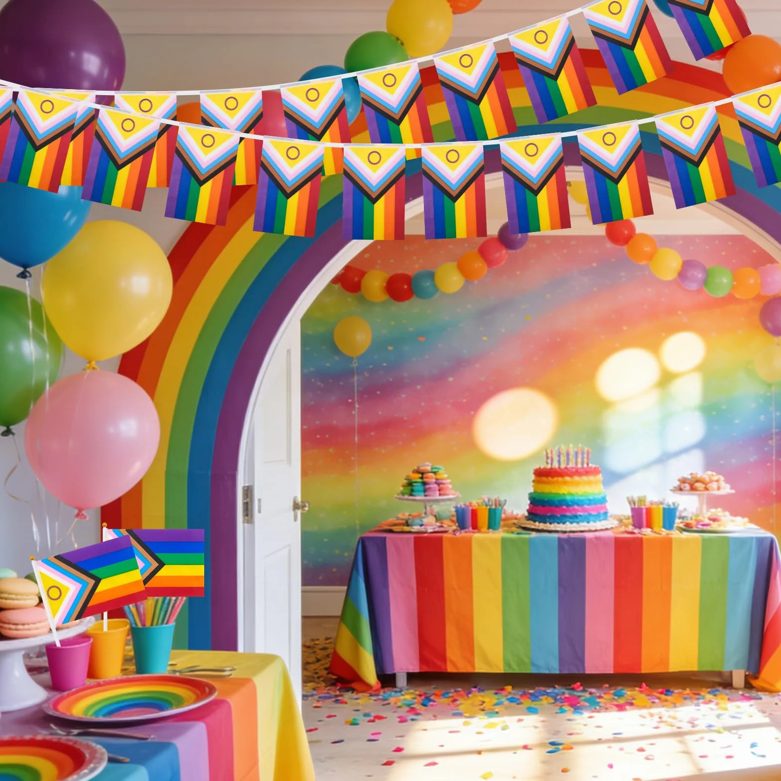 Progress Pride zestaw flag tęczowych 3x10m łańcuch chorągiewek Gay Parade dekoracja 47-częściowy