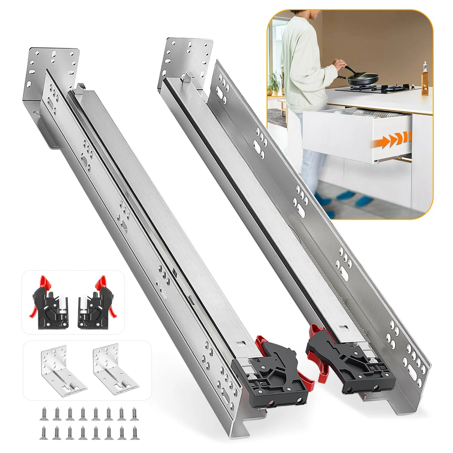 BAIDI CE 1 para prowadnic do szuflad z miękkim zamknięciem do montażu pod spodem 9 12 15 18 21 61 61 cm nośność 36 kg pełne przedłużenie ukryte dolne szyny montażowe urządzenia blokujące ukryte
