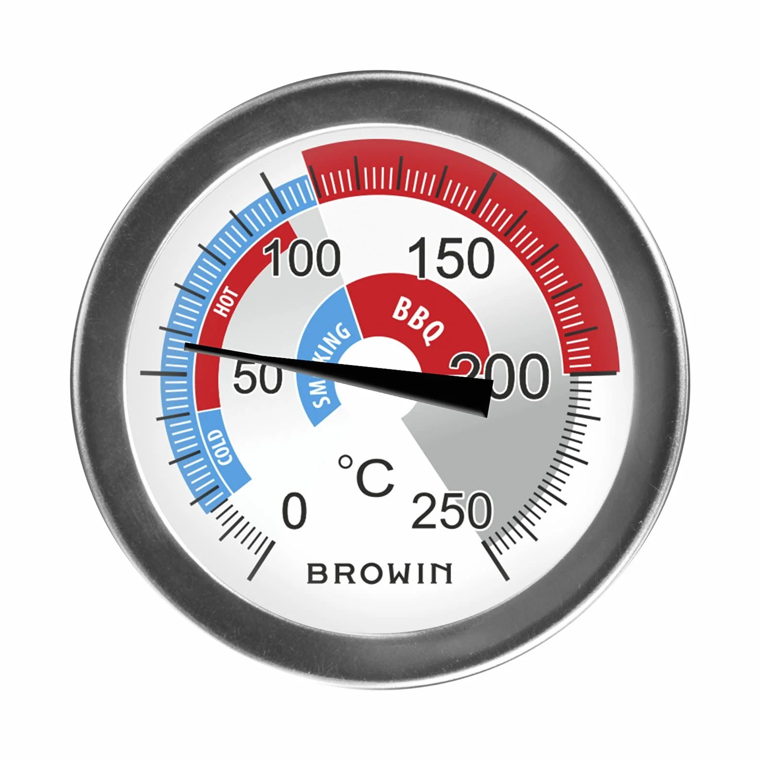 Browin 102200 termometr do komory wędzarniczej BBQ, zakres pomiarowy od 0° do +250°C, analogowy termometr do komory wędzarniczej i grilla, stal nierdzewna