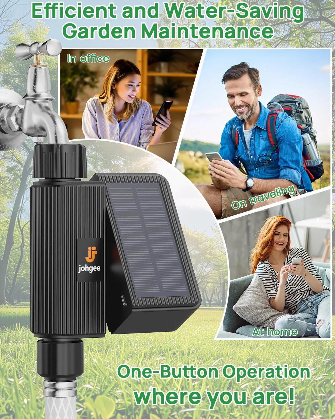 johgee Solarny sterownik nawadniania, Wi-Fi, inteligentny zegar nawadniający, kompatybilny z ogrodem