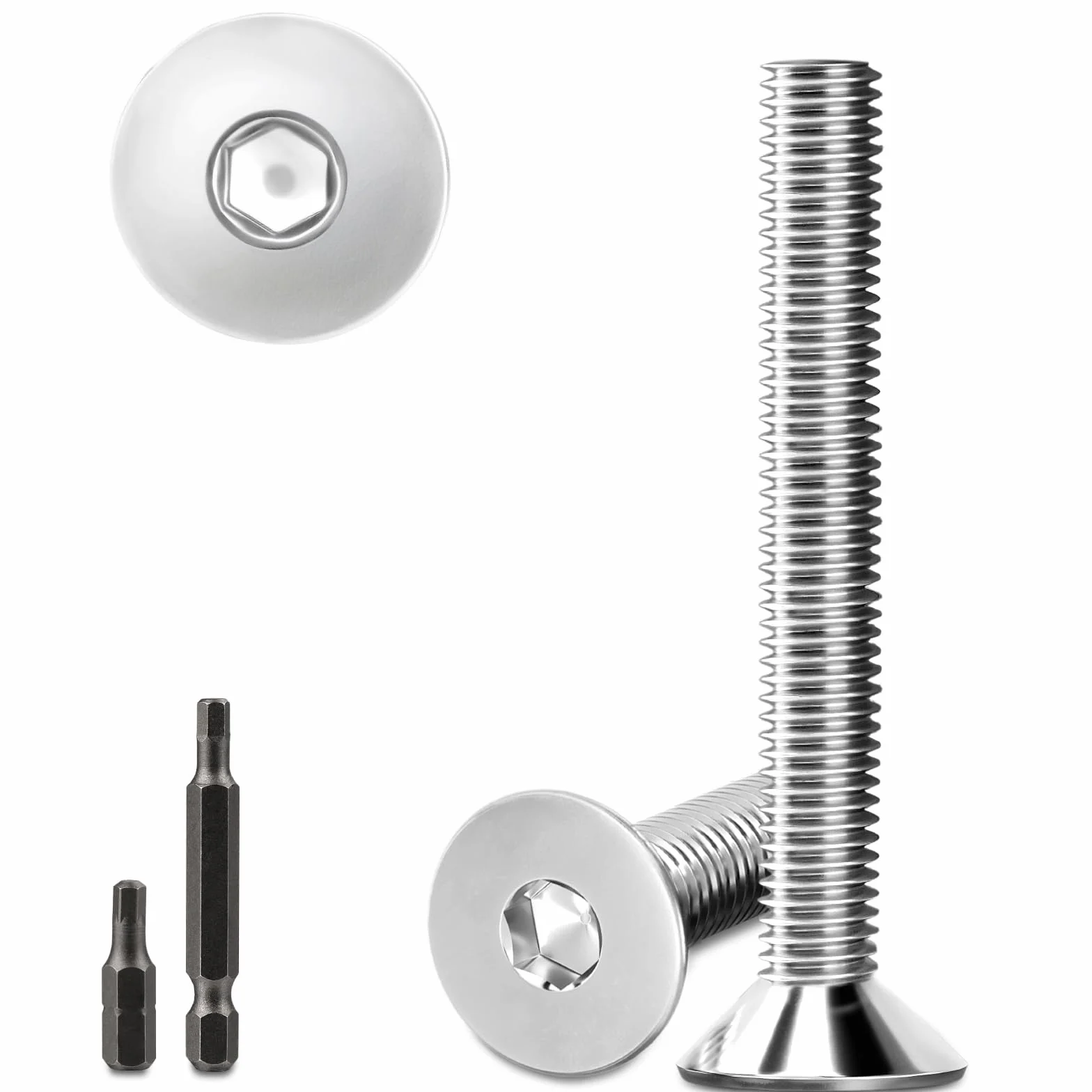 20 sztuk śrub z łbem stożkowym ze stali nierdzewnej M6 x 60 mm, śruby z łbem sześciokątnym M6, śruby z łbem wpuszczanym, z 2 sztukami sześciokątnych łba wkrętaka DIN 7991/ISO 10642 (srebrne)