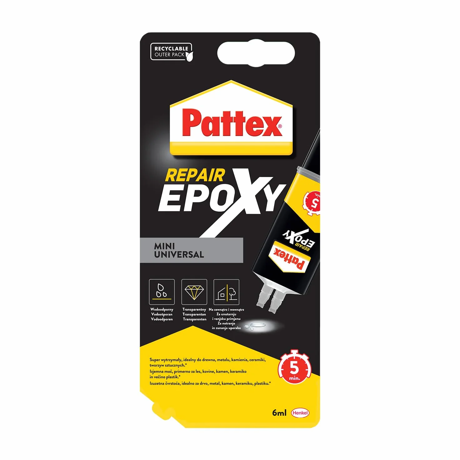 Pattex Repair Epoxy Mini Universal 5 min, mocny klej epoksydowy, bezbarwny, szybkowiążący, uniwersalny do naprawiania, klejenia i montażu, strzykawka 1x6g