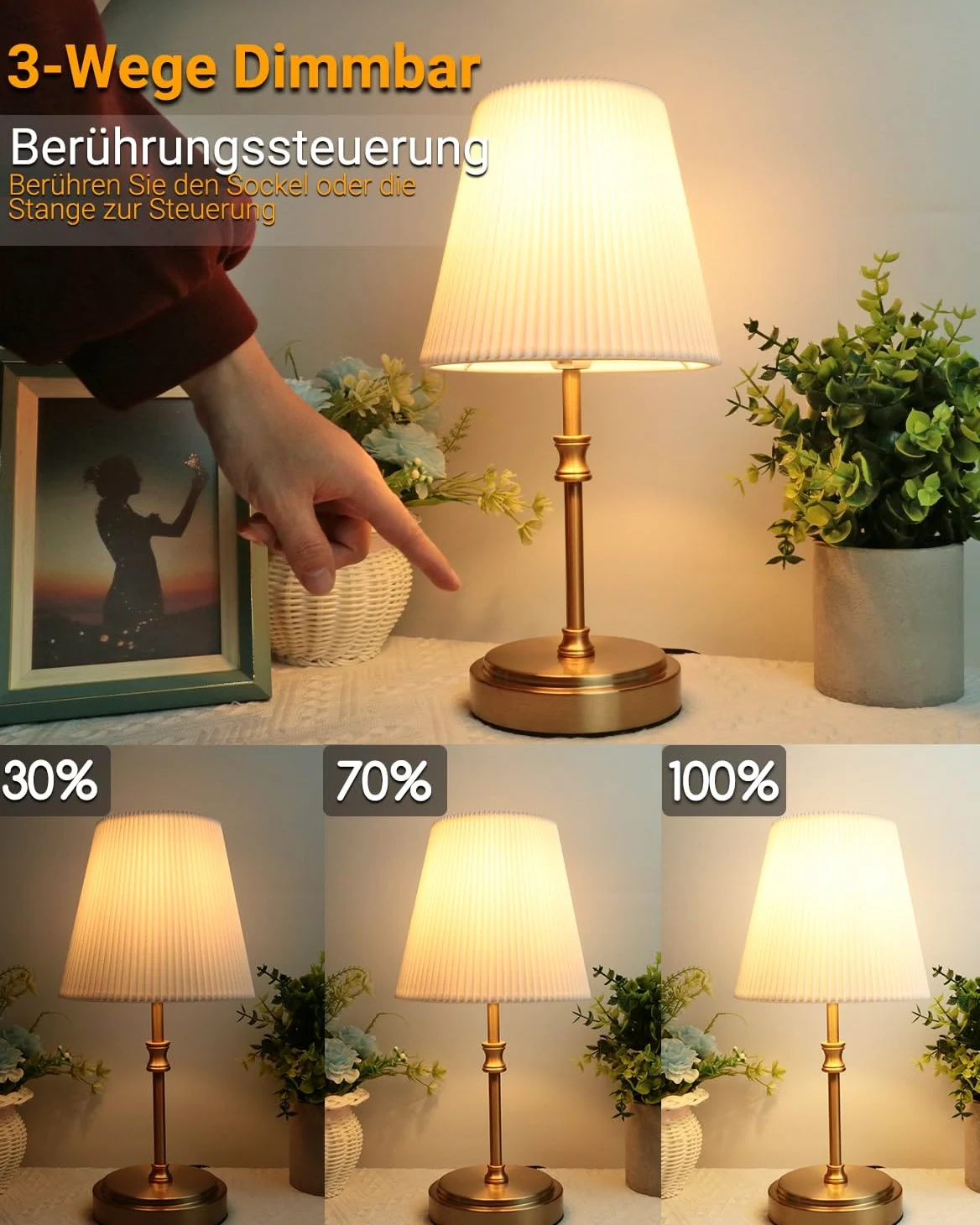 Dotykowa lampka nocna, 31,5 cm ściemnialna sterowanie dotykowe lampa stołowa LED nowoczesna lampa stołowa retro z żarówką do czytania salon pokój dziecięcy klosz z tkaniny do sypialni hotelu