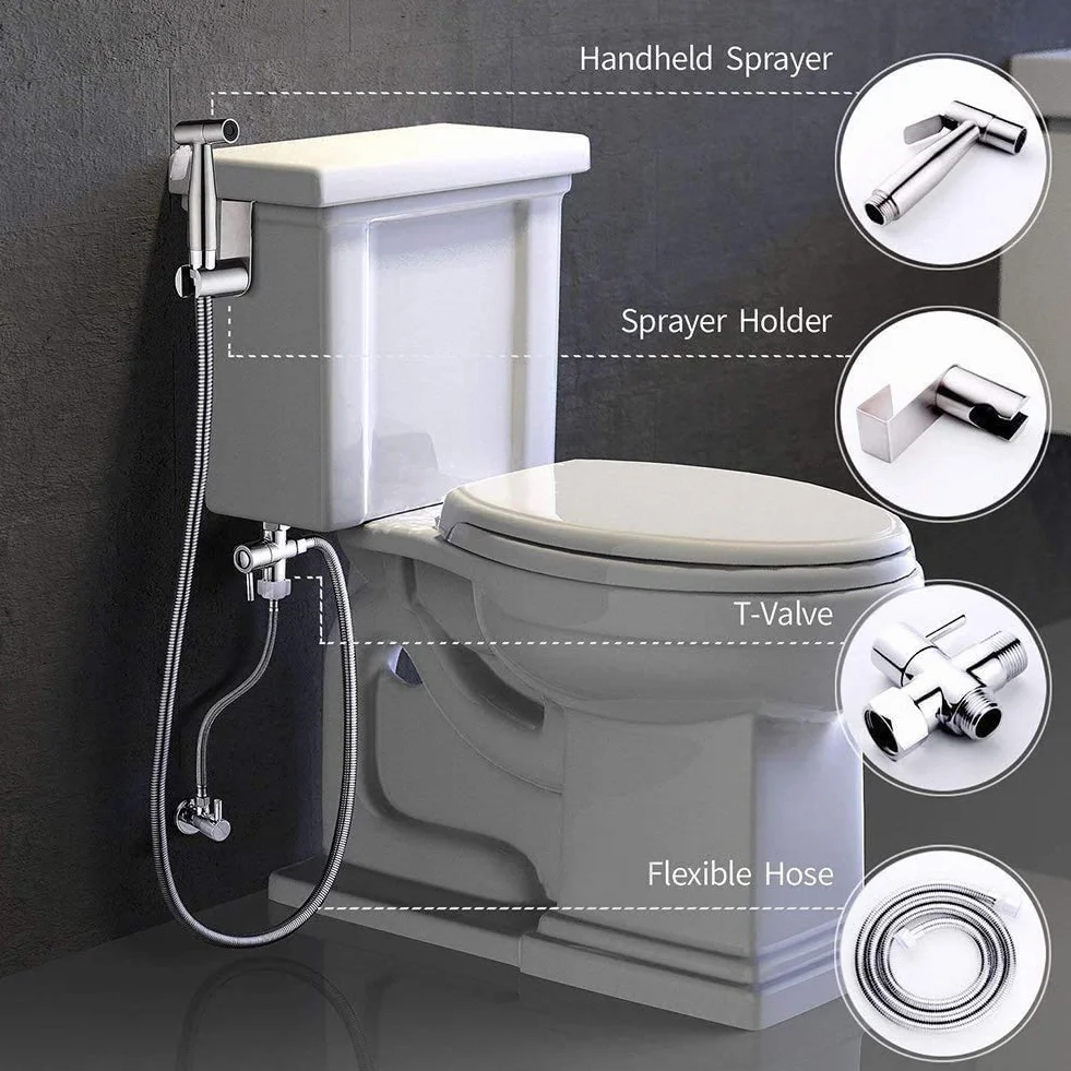 Zestaw do spryskiwacza bidetowego, ze stali nierdzewnej szattaf toaleta bidet głowica łazienka tkanina pieluchy myjka do higieny osobistej, czyszczenia toalety, kąpieli dla zwierząt domowych (w tym adapter T-)