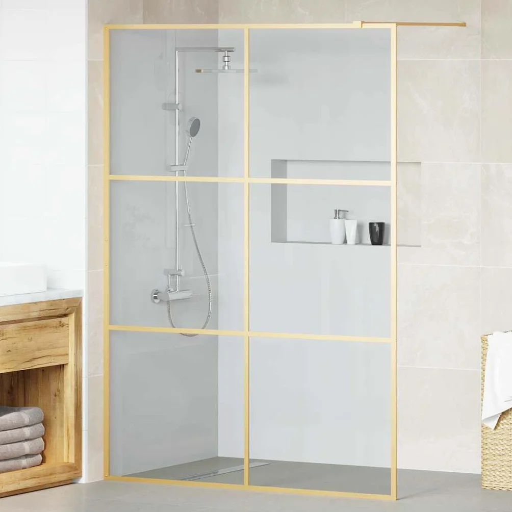 Walk-in ścianka prysznicowa złota, 140 x 195 cm, szkło hartowane, ścianka prysznicowa, ochrona przed pryskaniem, szklana ścianka z regulowanym profilem i stabilizatorem do kabiny prysznicowej