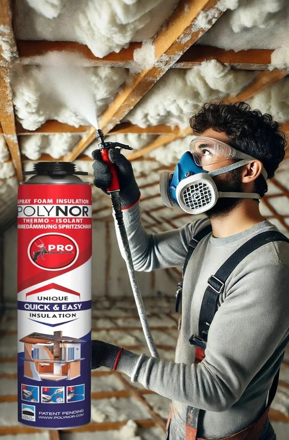 POLYNOR Izolacja Cieplna PUR w Puszce PRO - Zestaw - 24 Pianki - Pistolet do piany - Natryskowa Izolacja Termiczna - Izolacja Ścian, Dachów, Sufitów, Rur - Aerozol 750 ml