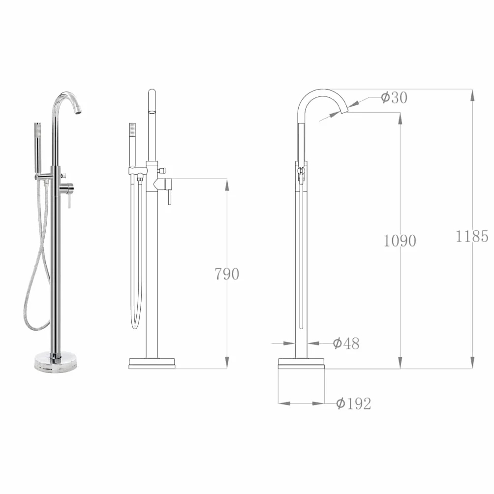 Wolnostojąca armatura wannowa ze stali nierdzewnej 118,5 cm z słuchawką prysznicową i wężem 150 cm, chromowana, wlew wanny, odpływ wody do łazienki