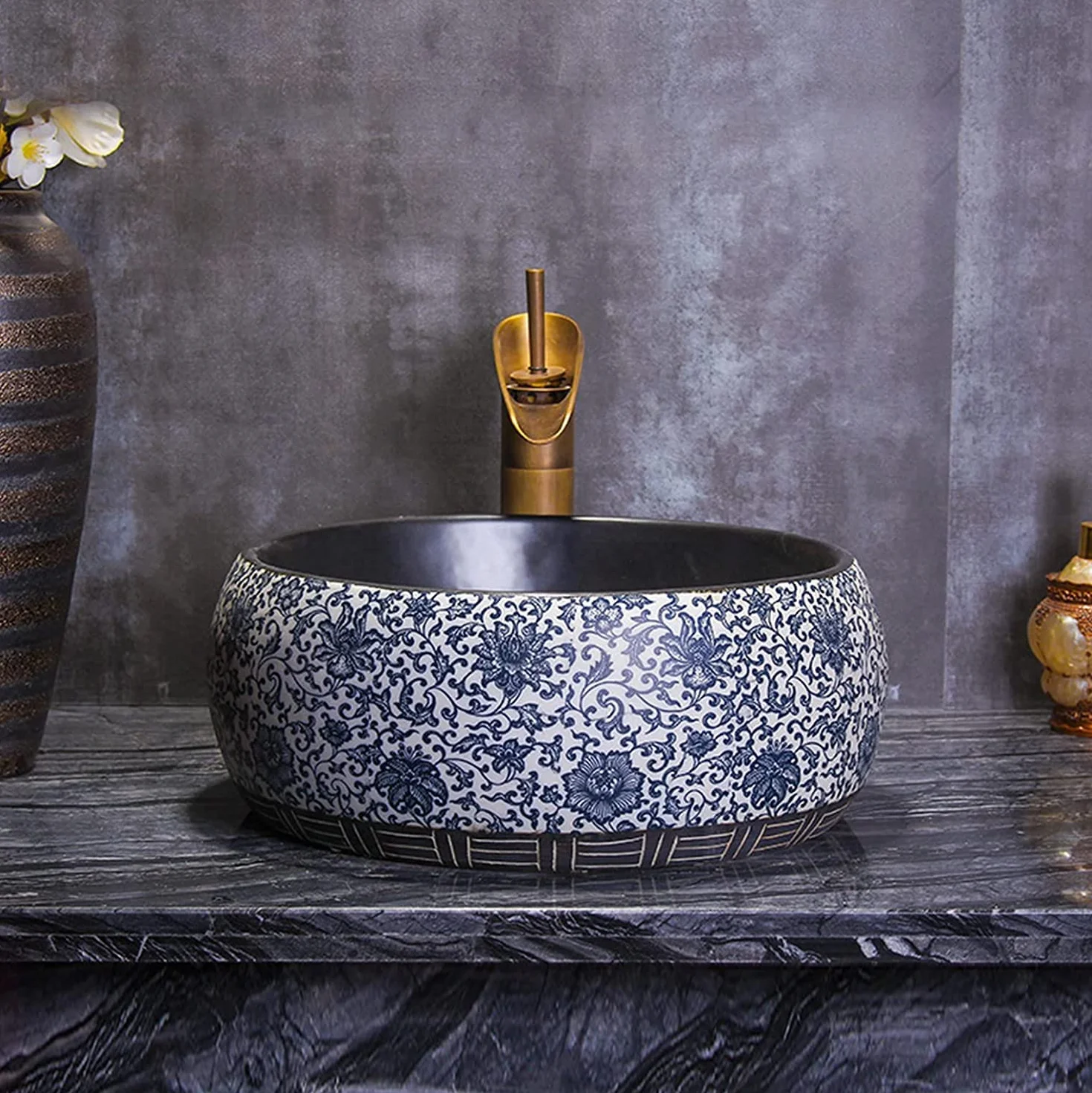Ceramiczna Umywalka Łazienkowa, Ręcznie Rzeźbiona Umywalka Nablatowa, Ceramiczna Umywalka Łazienkowa Nablatowa Z Kranem I Odpływem, Umywalka W Stylu Industrialnym 40 * 40 * 14,Singlebasin