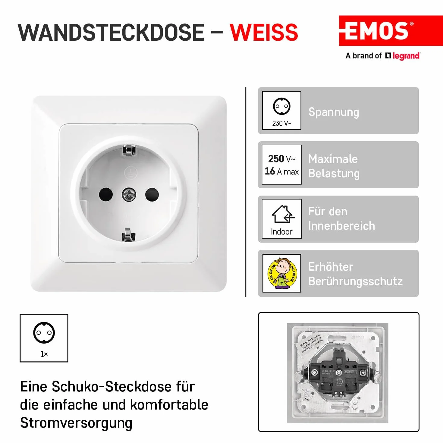 EMOS Gniazdo wtykowe z zestykiem ochronnym z podwyższoną ochroną przed dotykiem i bocznym stykiem ochronnym do montażu podtynkowego, pojedyncze gniazdko z wejściem wewnętrznym, maks. 250 V~/16 A,